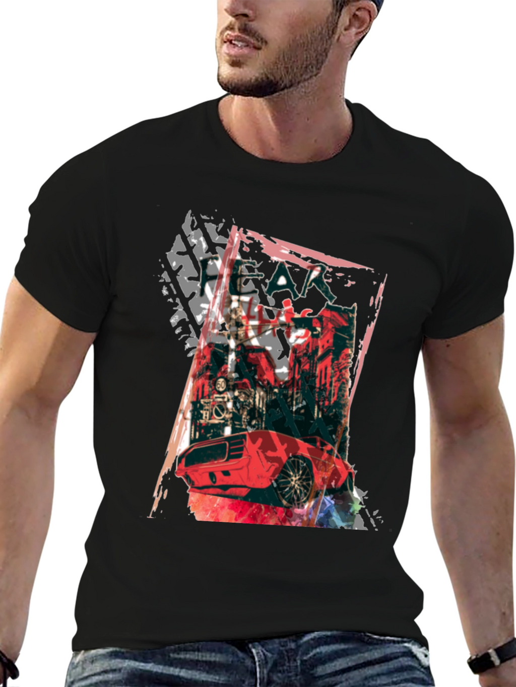 Red Car Graphic Print Black T-Shirt