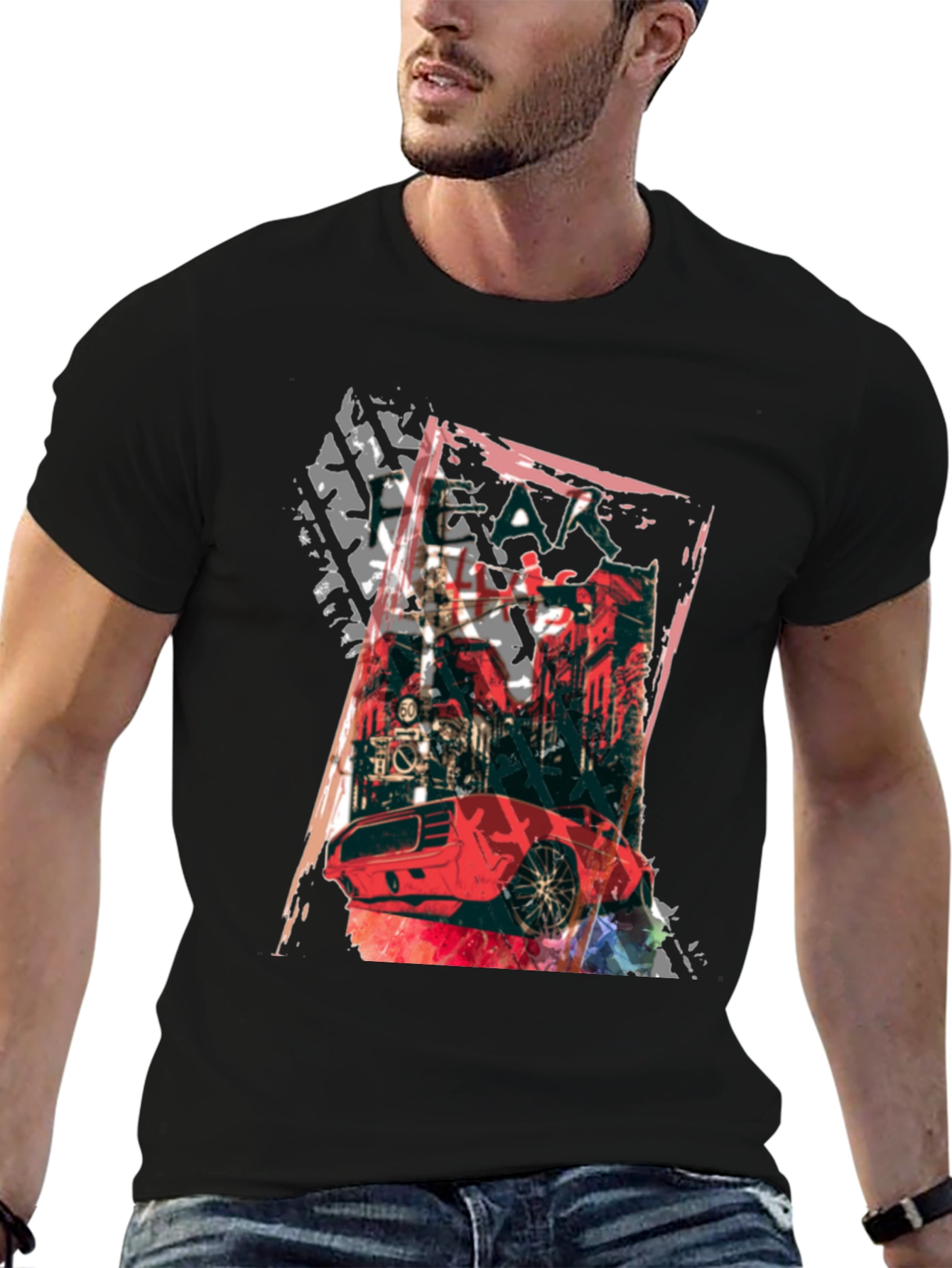 Red Car Graphic Print Black T-Shirt