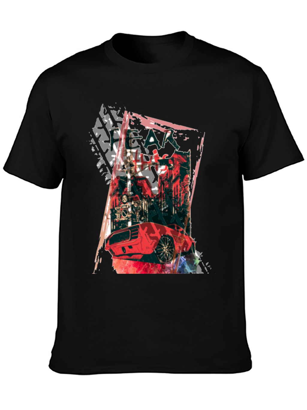 Red Car Graphic Print Black T-Shirt