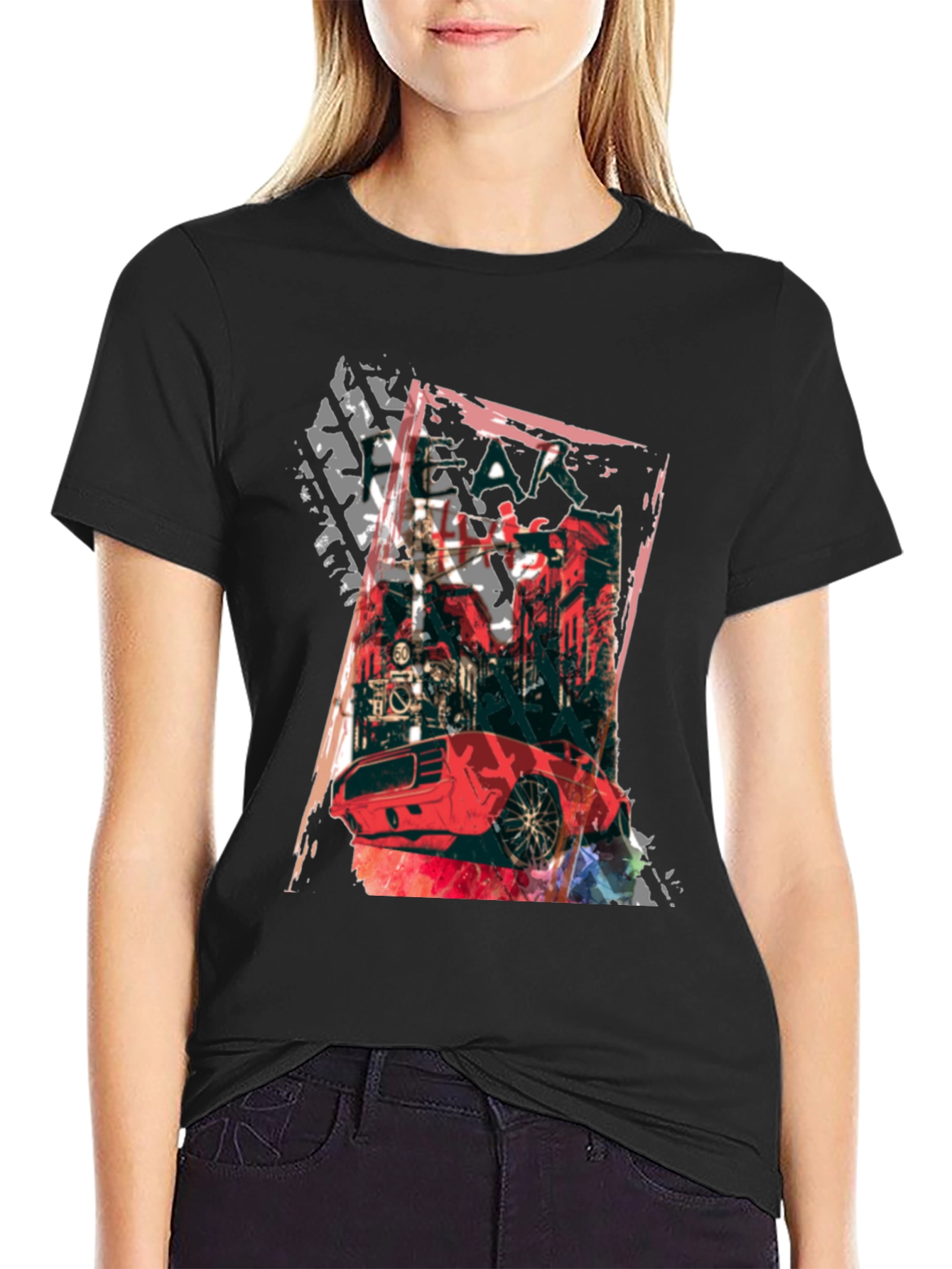 Red Car Graphic Print Black T-Shirt
