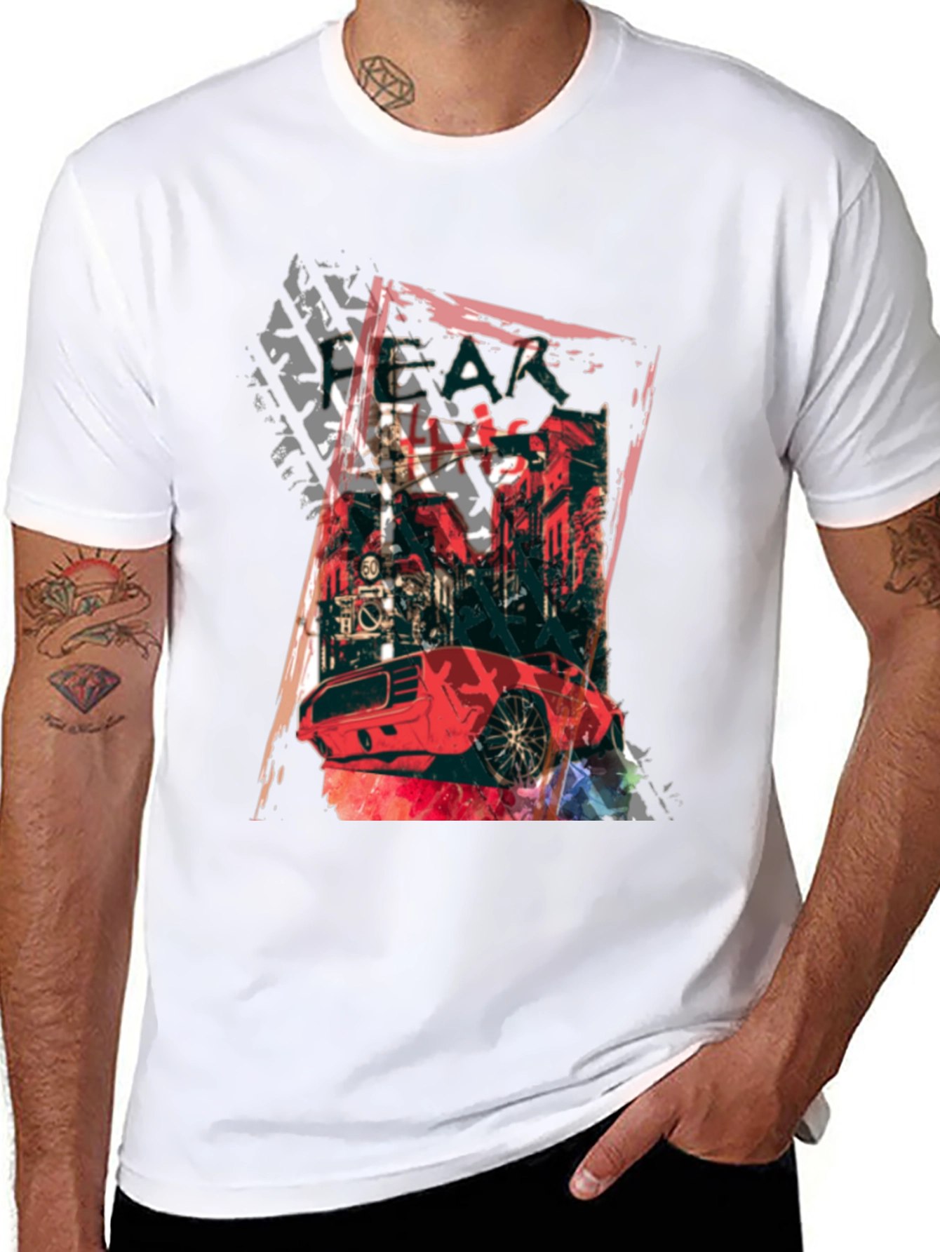 Red Car Graphic Print Black T-Shirt