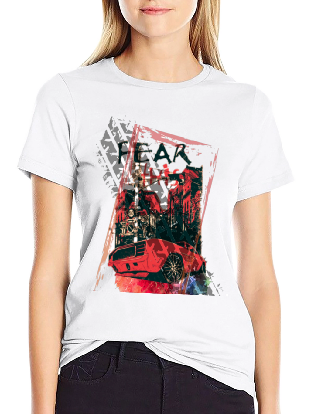 Red Car Graphic Print Black T-Shirt