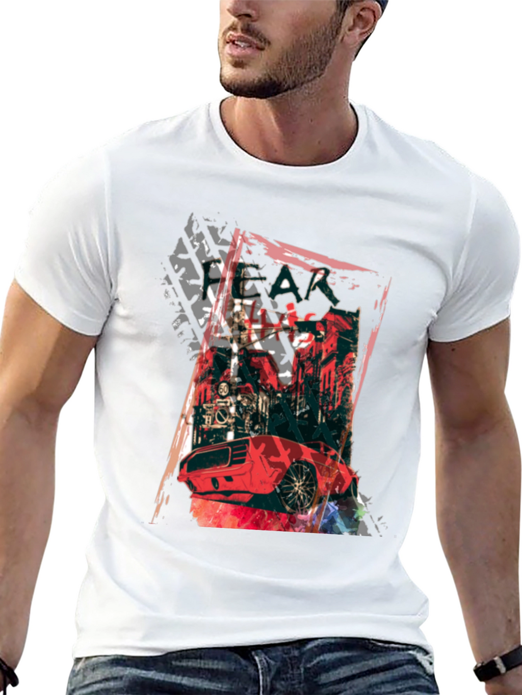 Red Car Graphic Print Black T-Shirt