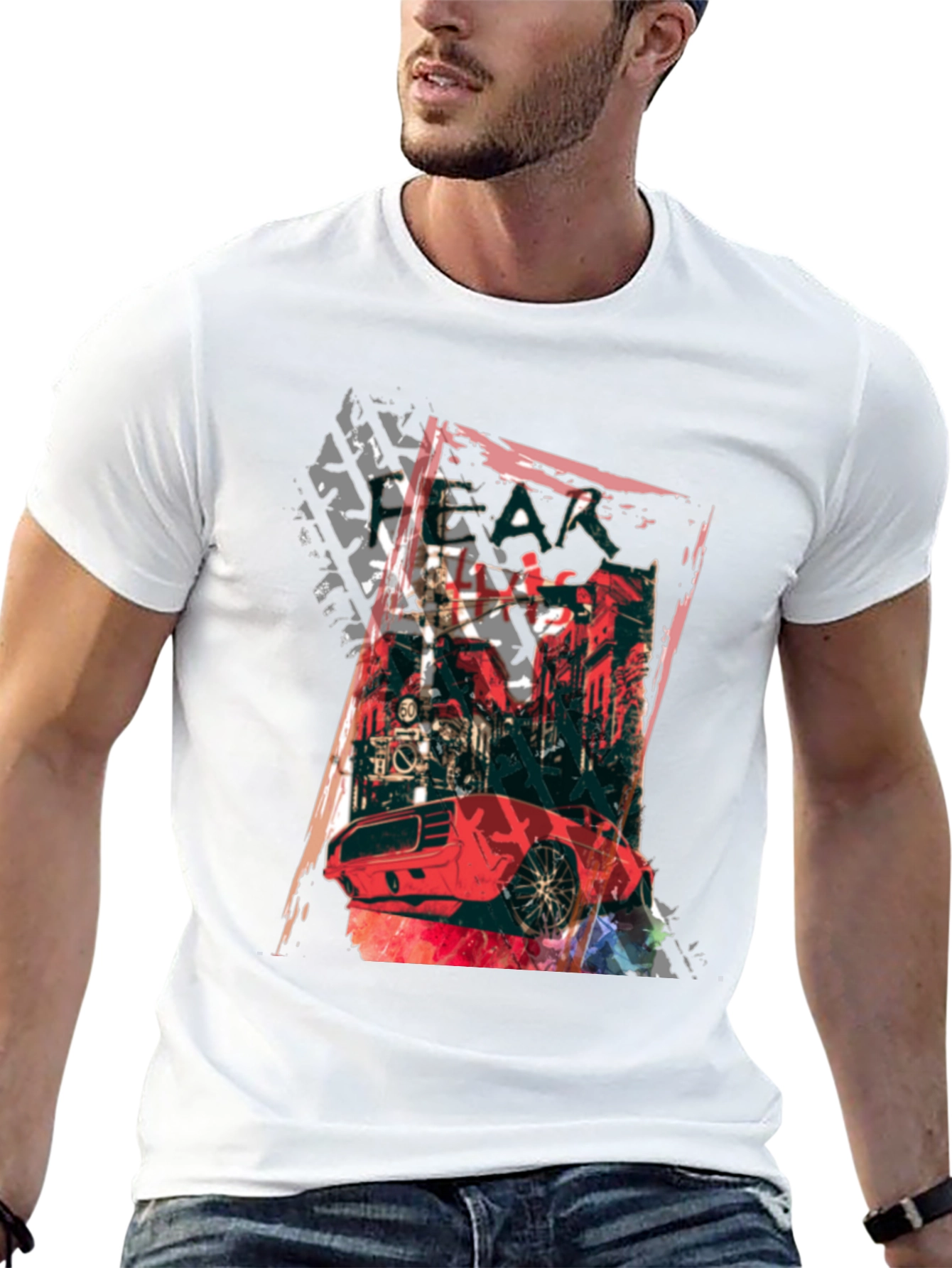 Red Car Graphic Print Black T-Shirt