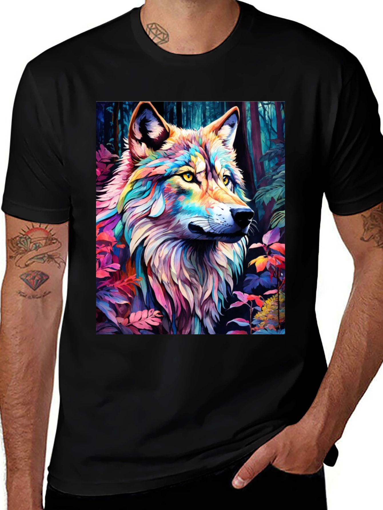 Rainbow Wolf Graphic Tee - Stylish Mens Black T-Shirt