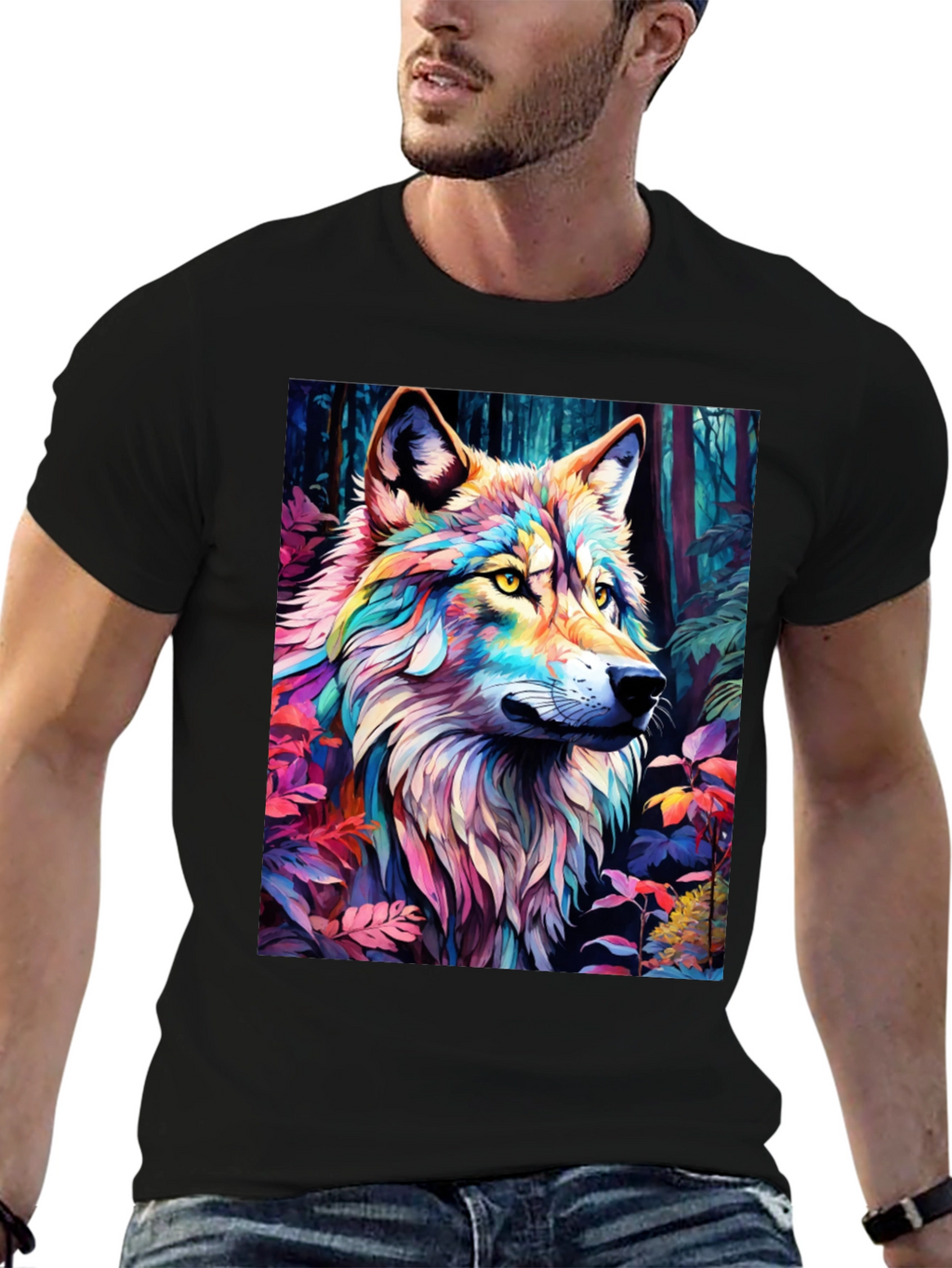 Rainbow Wolf Graphic Tee - Stylish Mens Black T-Shirt