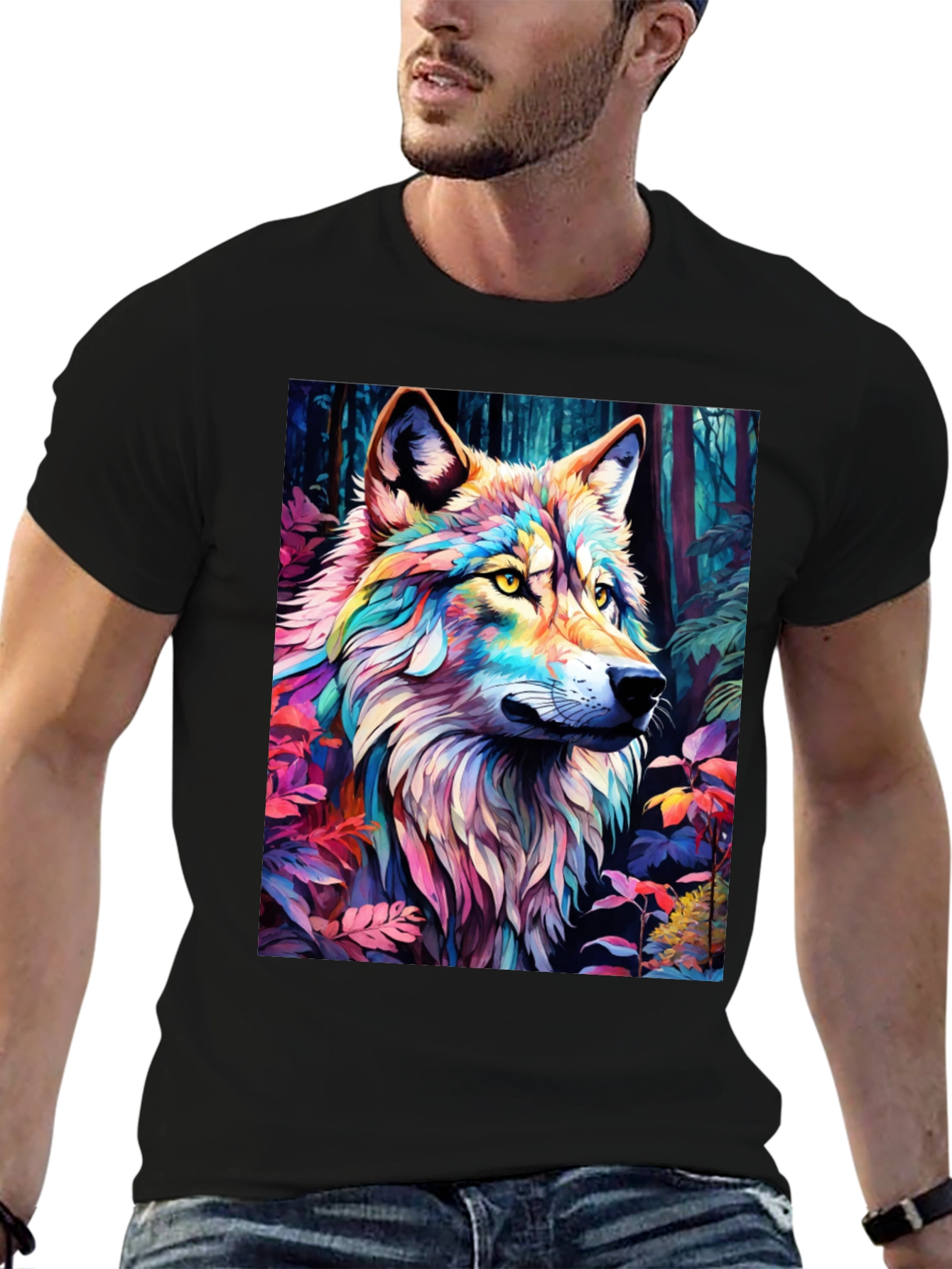 Rainbow Wolf Graphic Tee - Stylish Mens Black T-Shirt