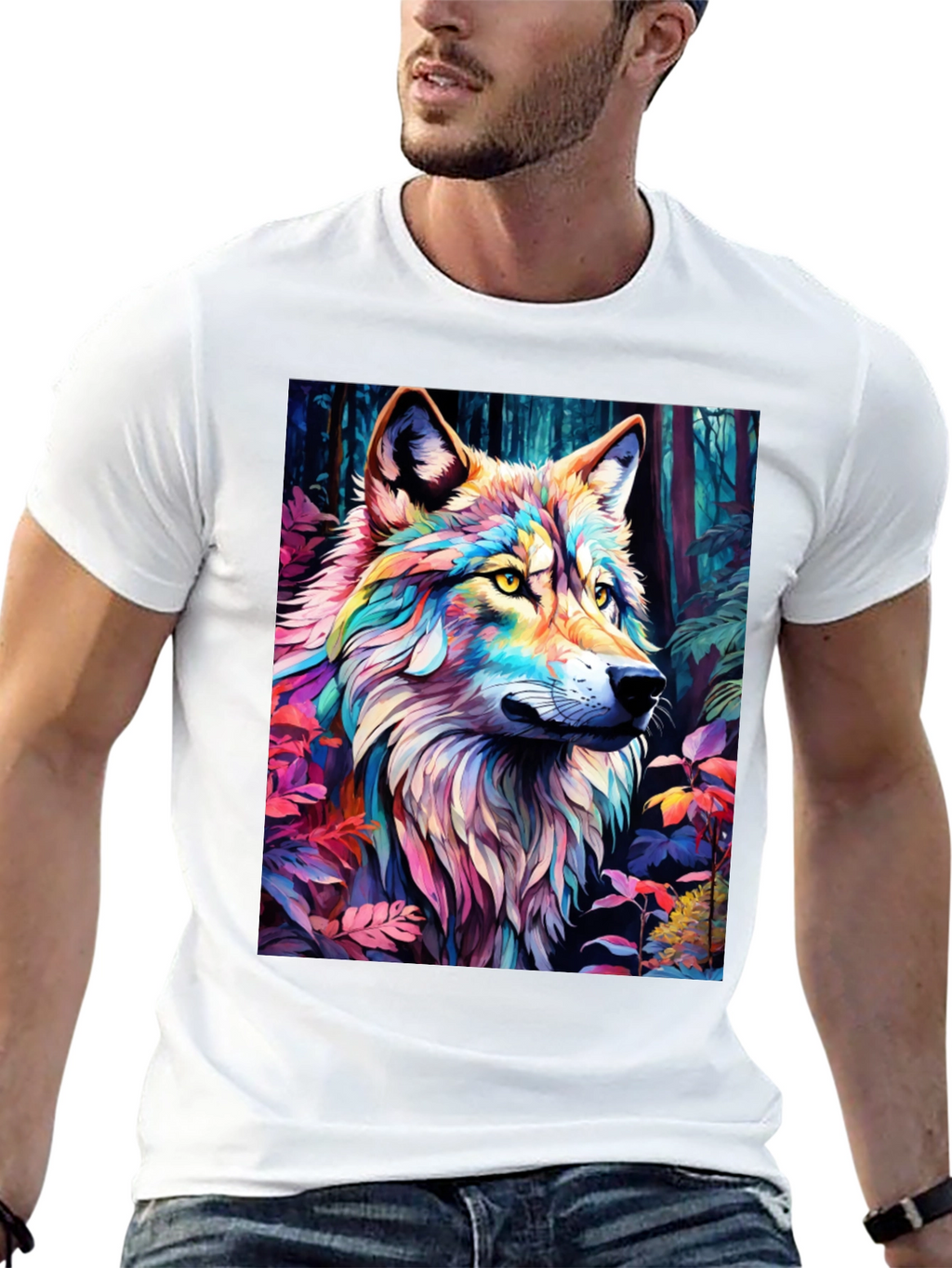 Rainbow Wolf Graphic Tee - Stylish Mens Black T-Shirt