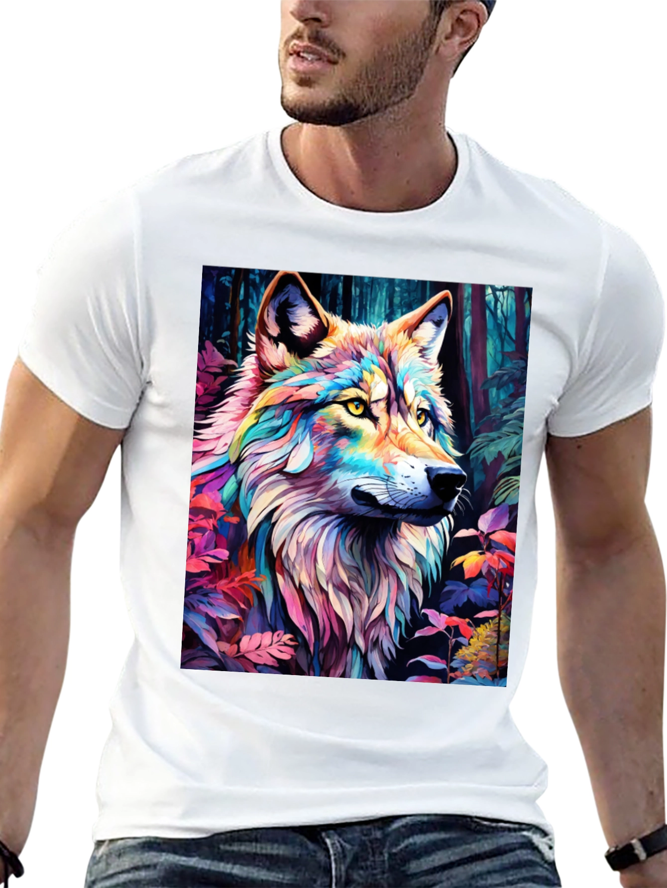 Rainbow Wolf Graphic Tee - Stylish Mens Black T-Shirt