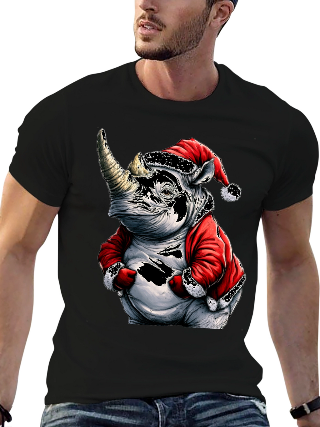 Santa Rhino T-Shirt - Holiday Animal Tee