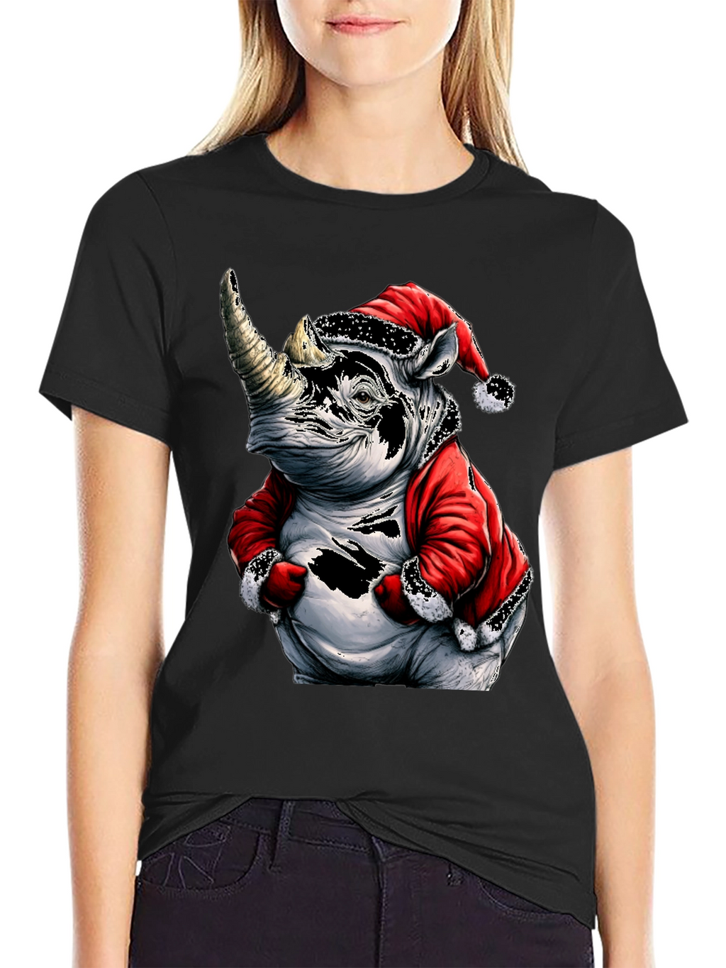 Santa Rhino T-Shirt - Holiday Animal Tee