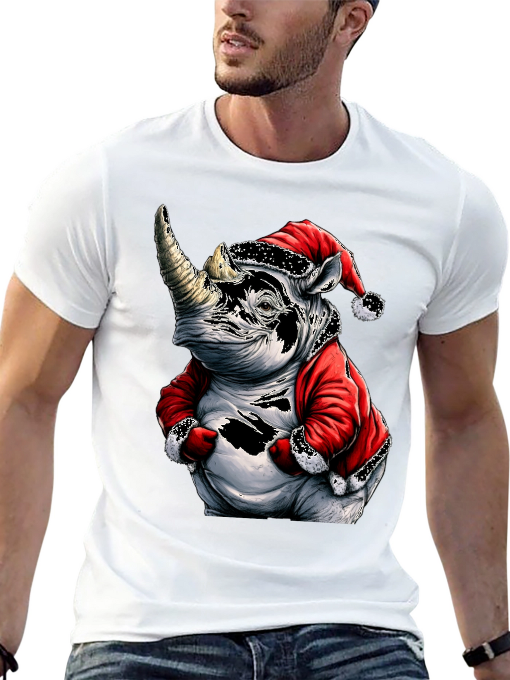 Santa Rhino T-Shirt - Holiday Animal Tee