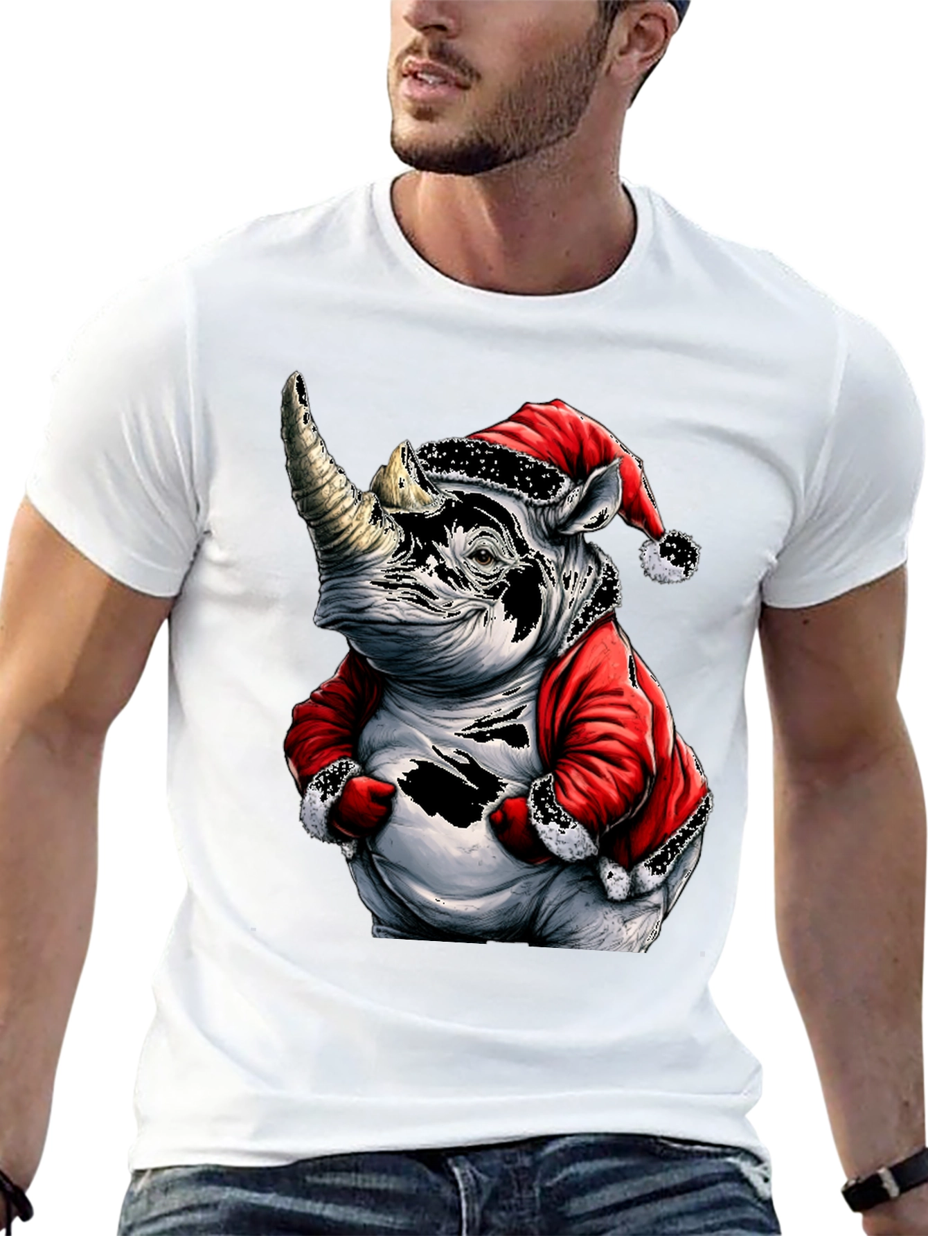 Santa Rhino T-Shirt - Holiday Animal Tee