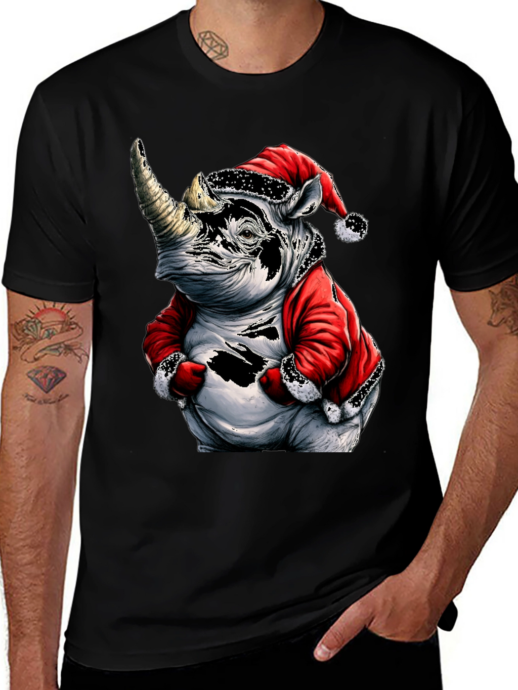 Santa Rhino T-Shirt - Holiday Animal Tee