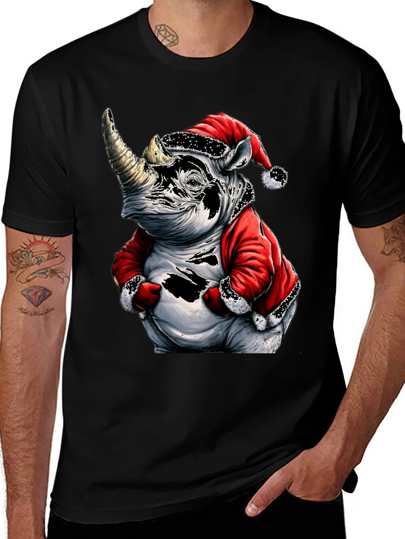 Santa Rhino T-Shirt - Holiday Animal Tee