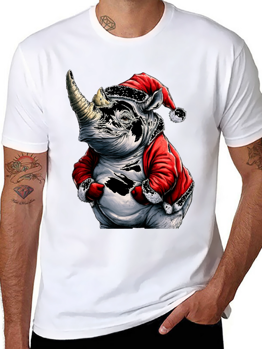 Santa Rhino T-Shirt - Holiday Animal Tee