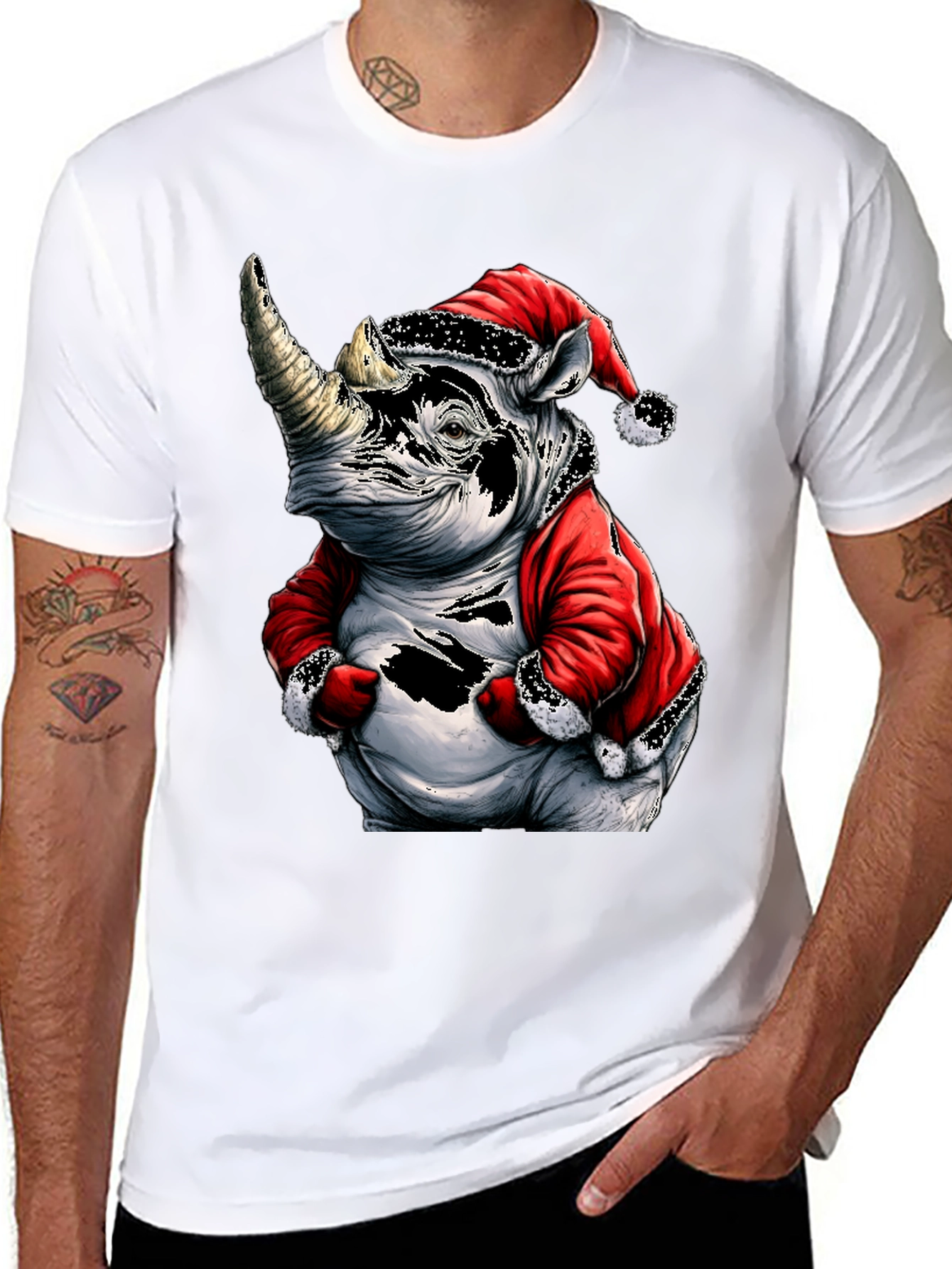 Santa Rhino T-Shirt - Holiday Animal Tee