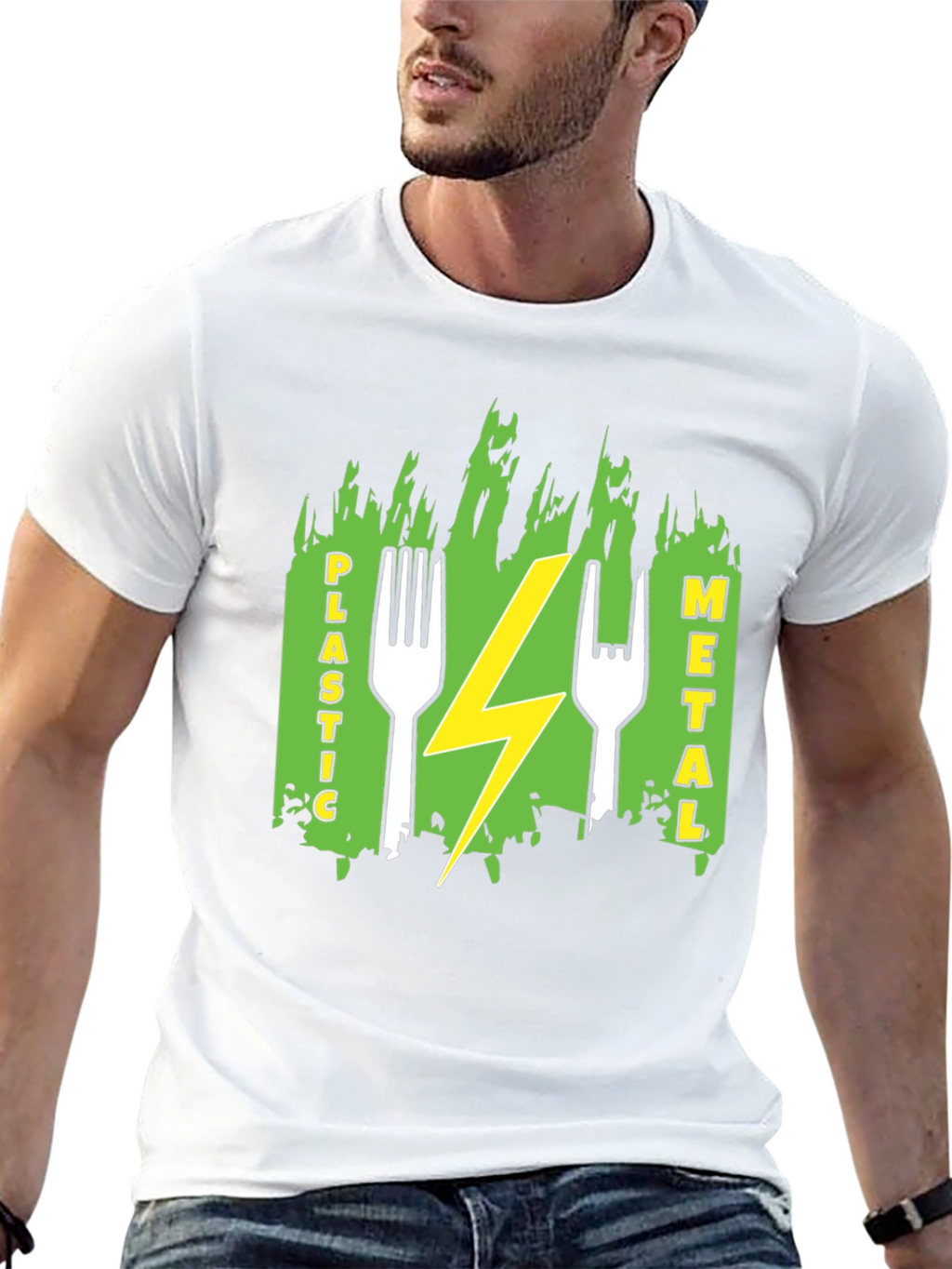 Plastic Metal Fork Lightning Bolt Graphic Tee