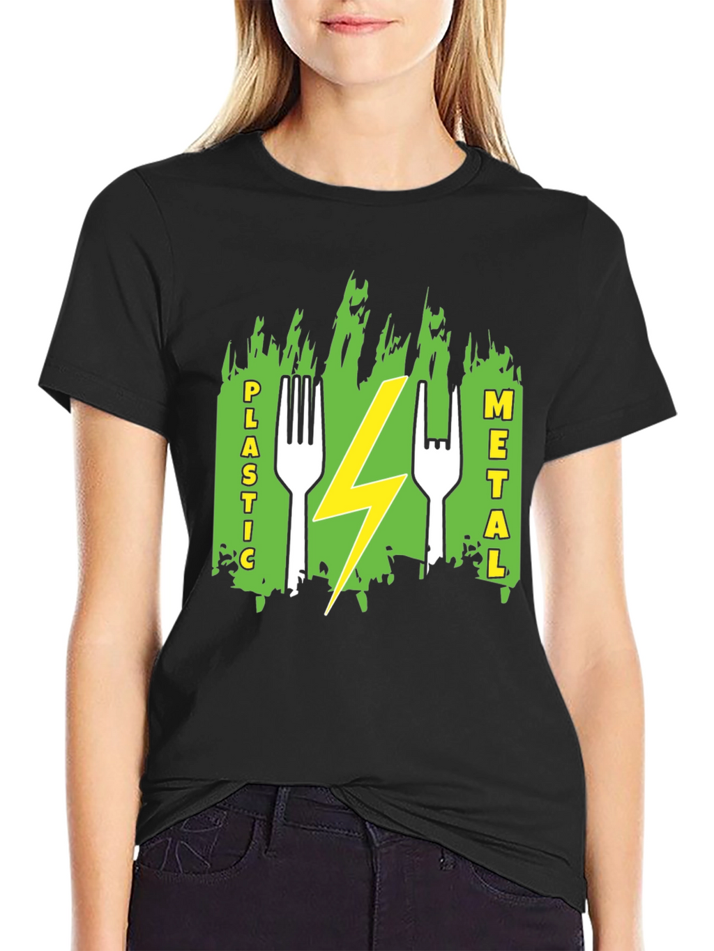 Plastic Metal Fork Lightning Bolt Graphic Tee