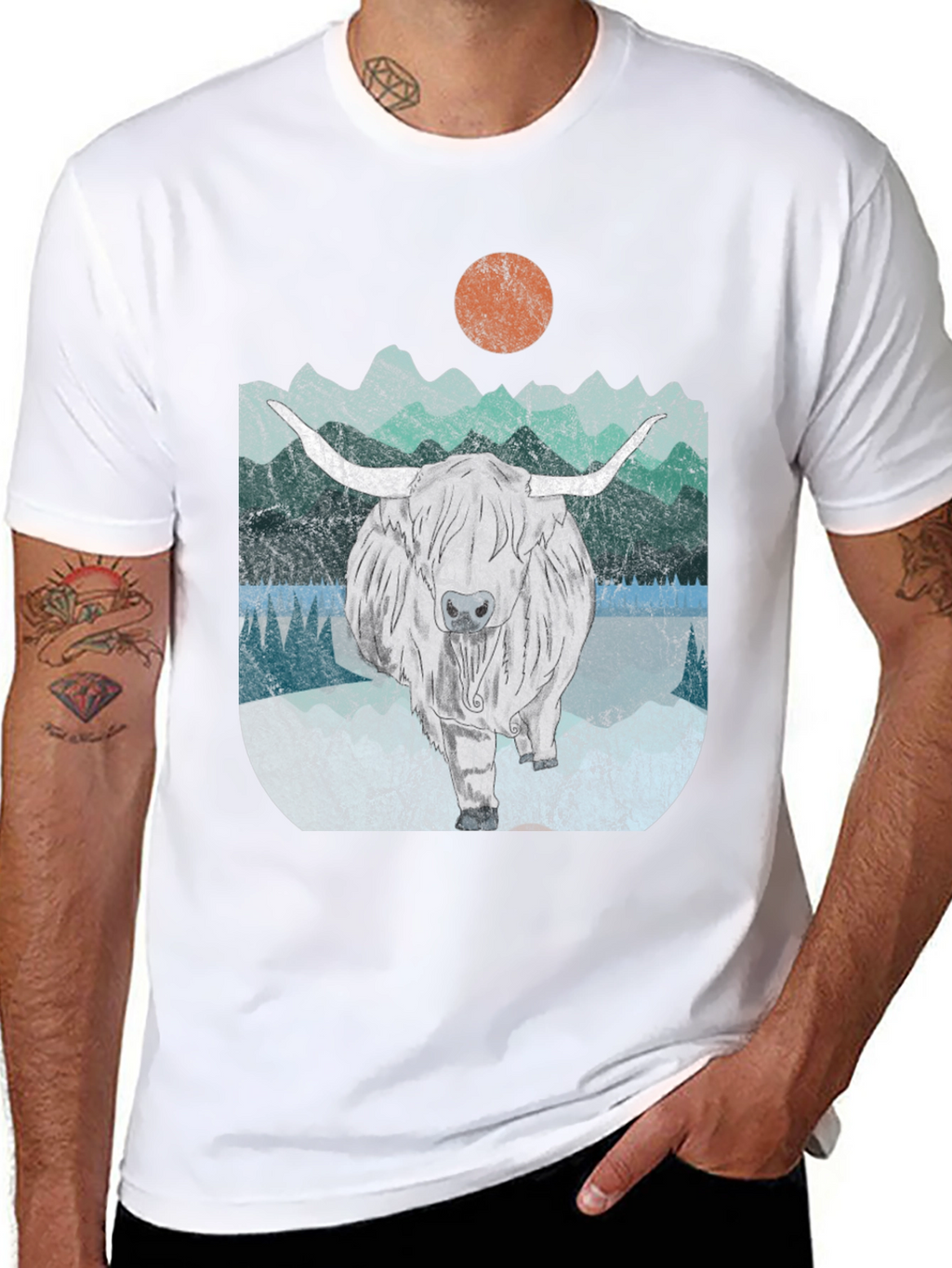 Highland Cow Graphic Tee - Retro Mountain Design