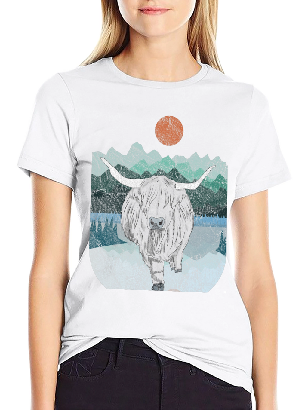 Highland Cow Graphic Tee - Retro Mountain Design