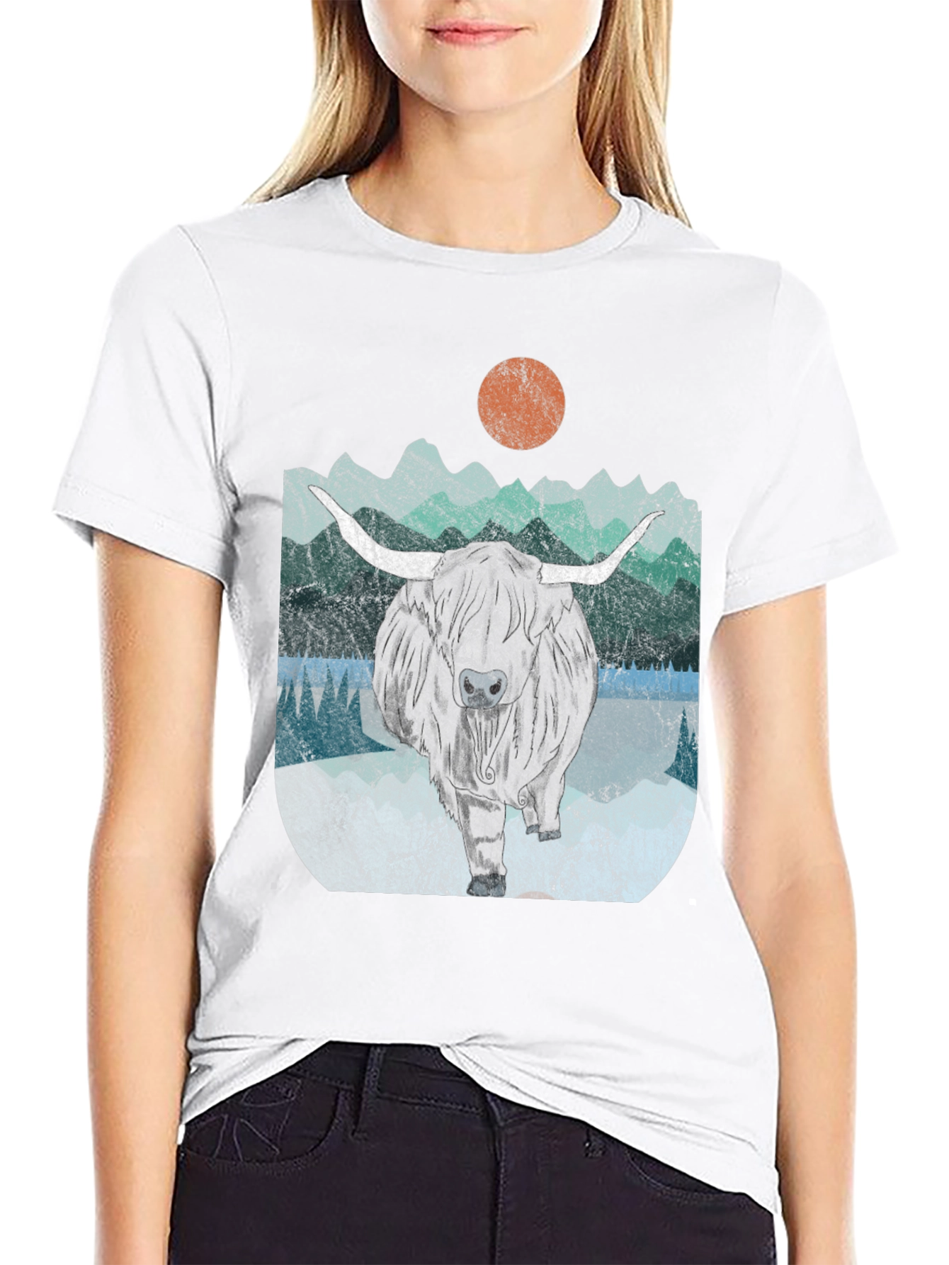 Highland Cow Graphic Tee - Retro Mountain Design