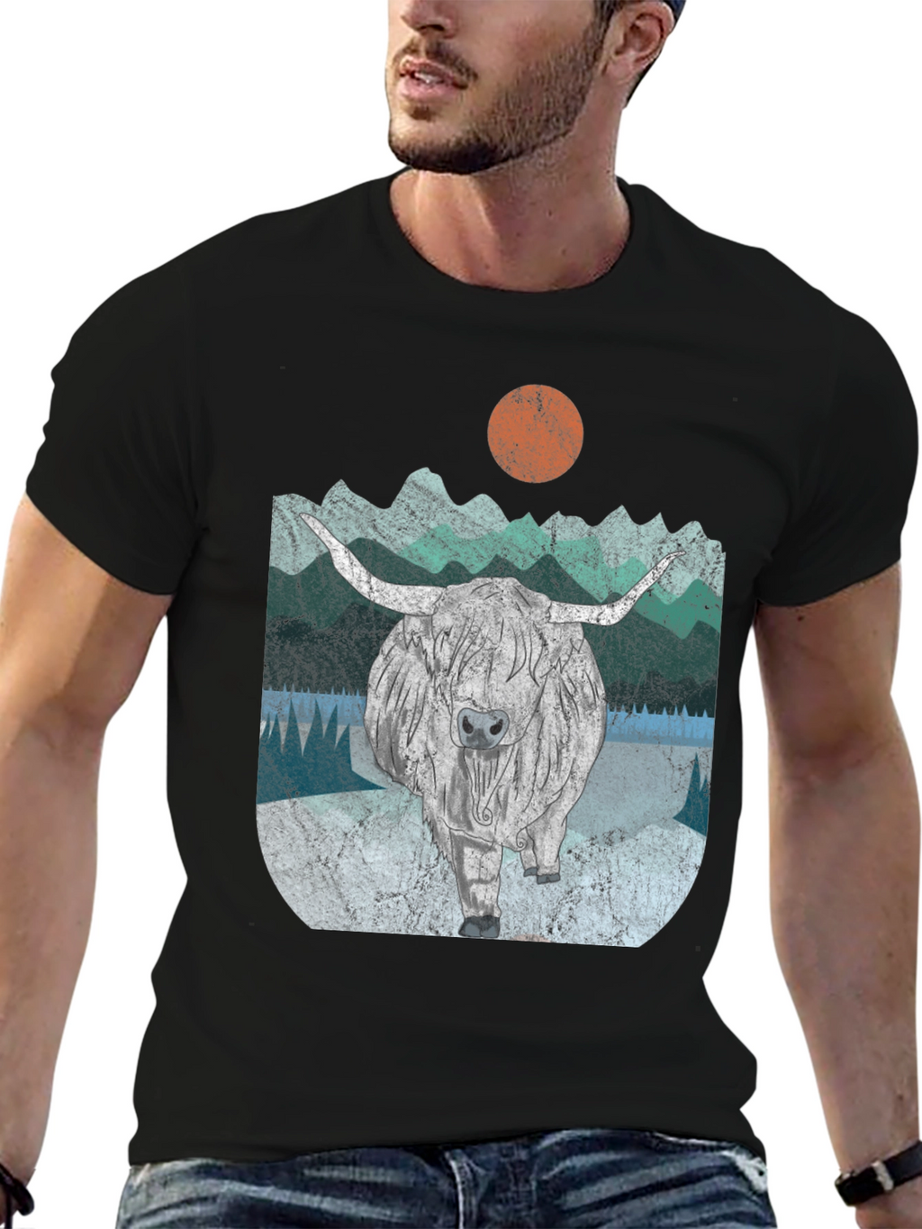 Highland Cow Graphic Tee - Retro Mountain Design