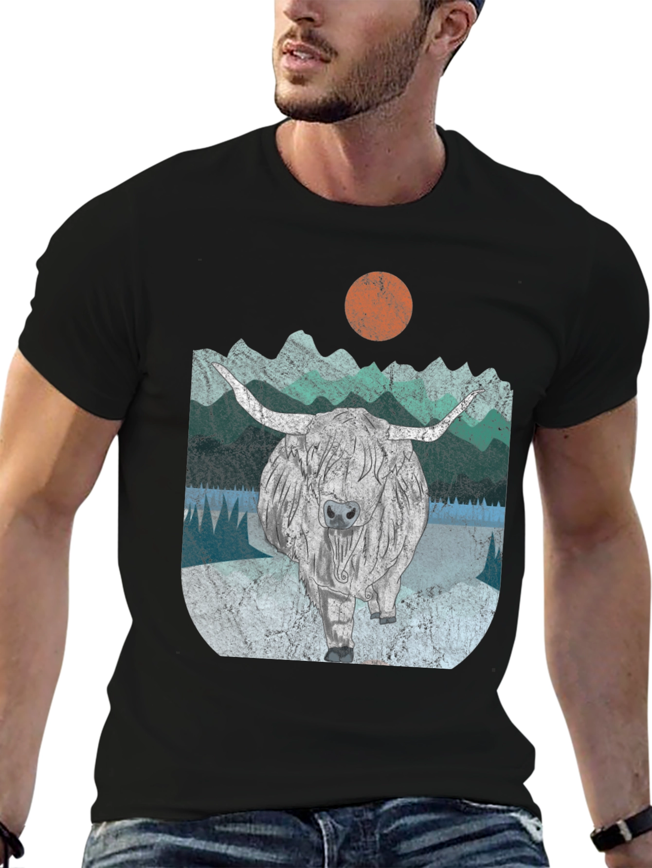 Highland Cow Graphic Tee - Retro Mountain Design