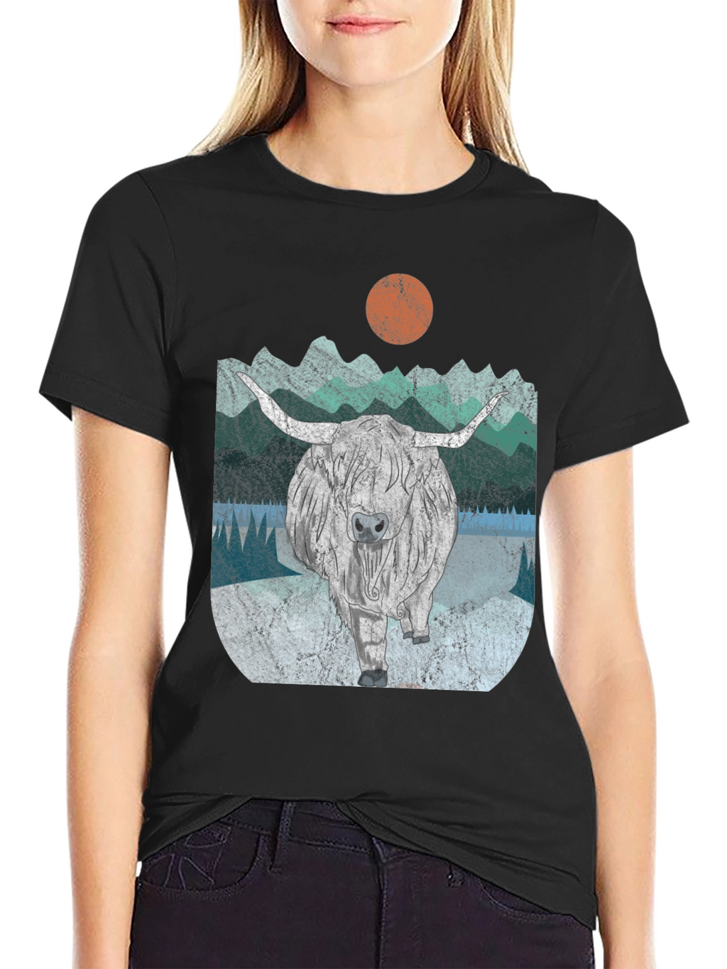 Highland Cow Graphic Tee - Retro Mountain Design