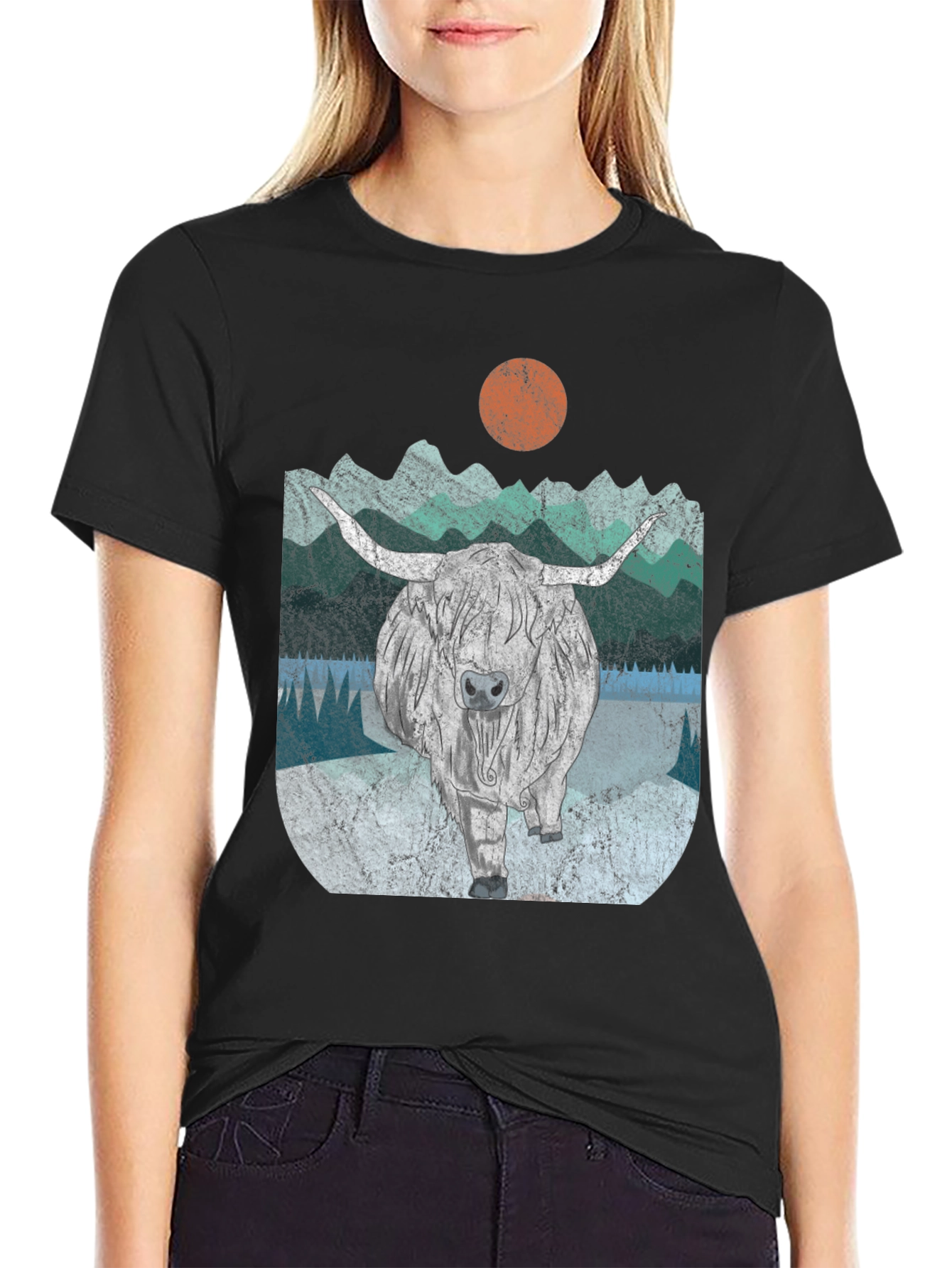 Highland Cow Graphic Tee - Retro Mountain Design