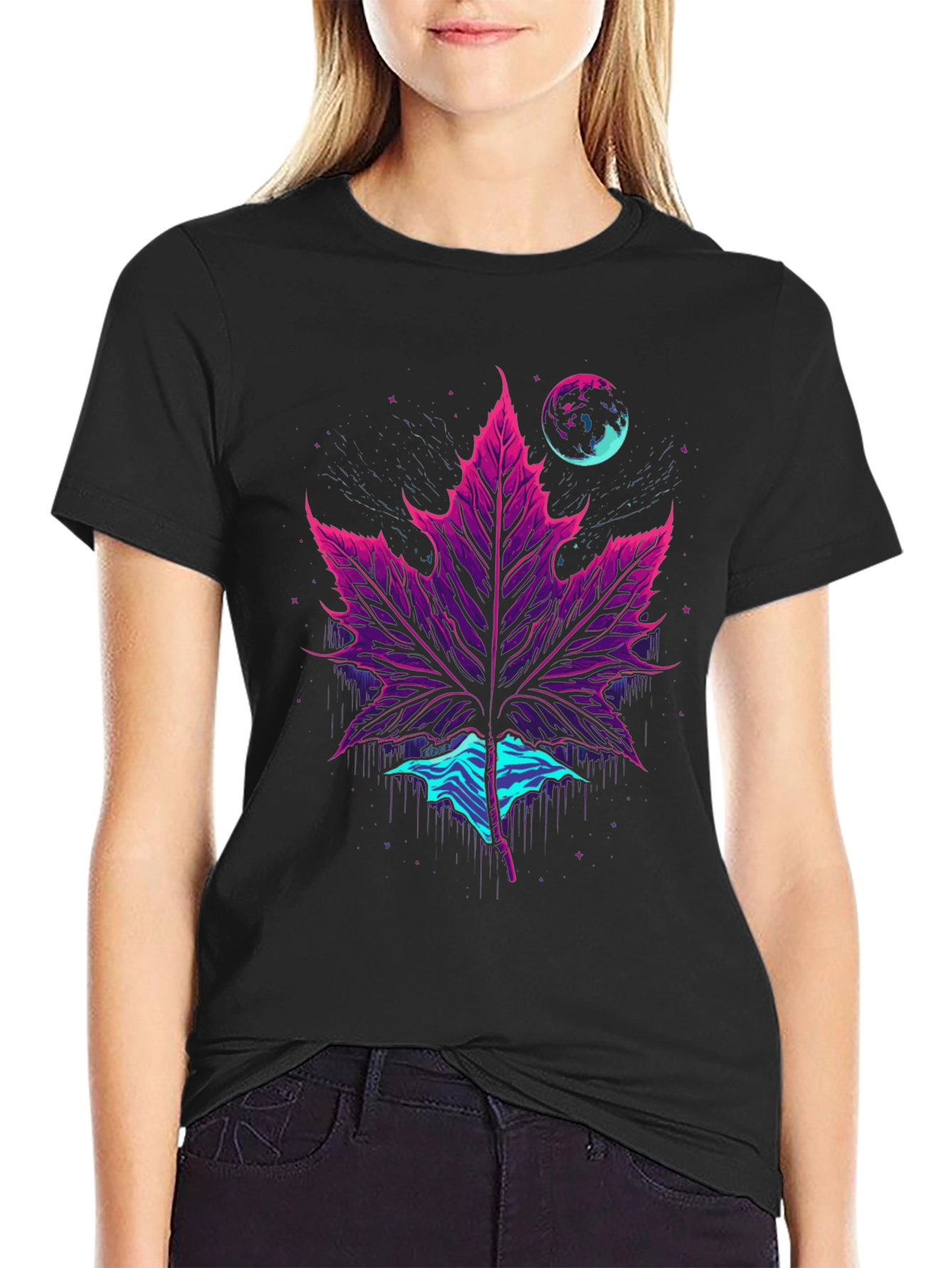 Neon Maple Leaf Graphic Tee - Black