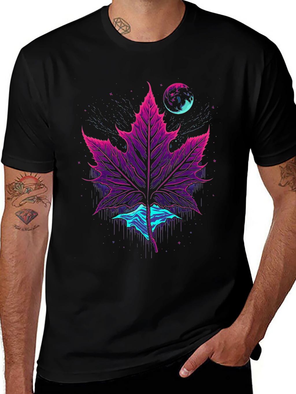 Neon Maple Leaf Graphic Tee - Black