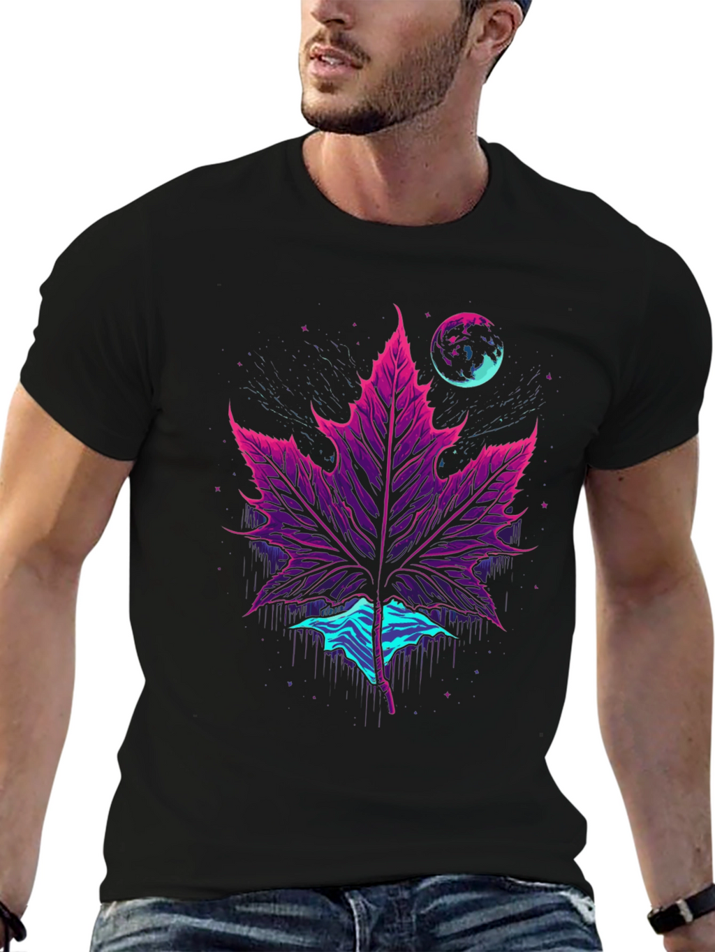 Neon Maple Leaf Graphic Tee - Black