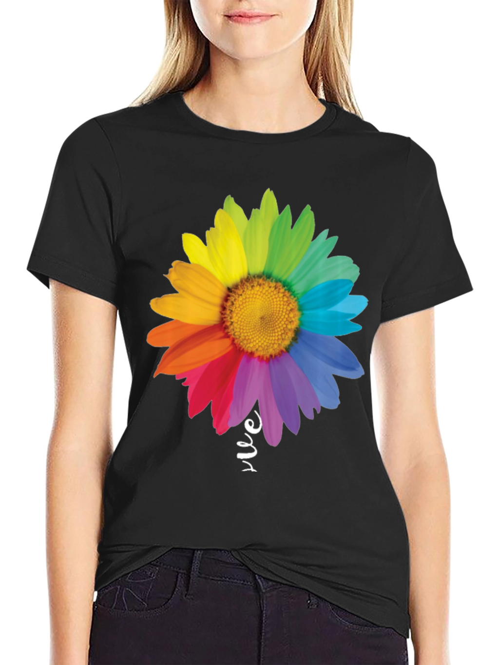 Rainbow Daisy Graphic Tee - Black Cotton Blend