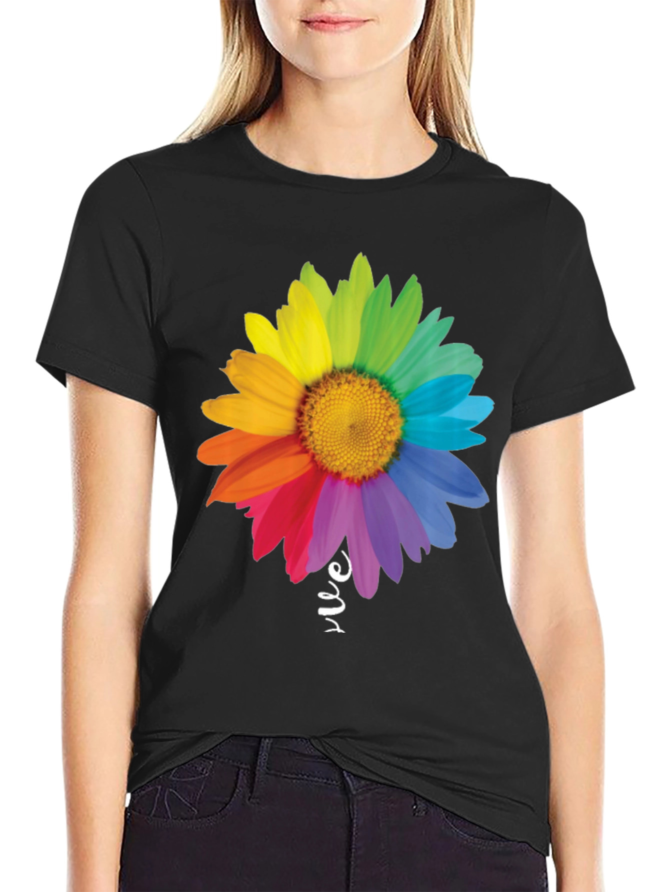 Rainbow Daisy Graphic Tee - Black Cotton Blend