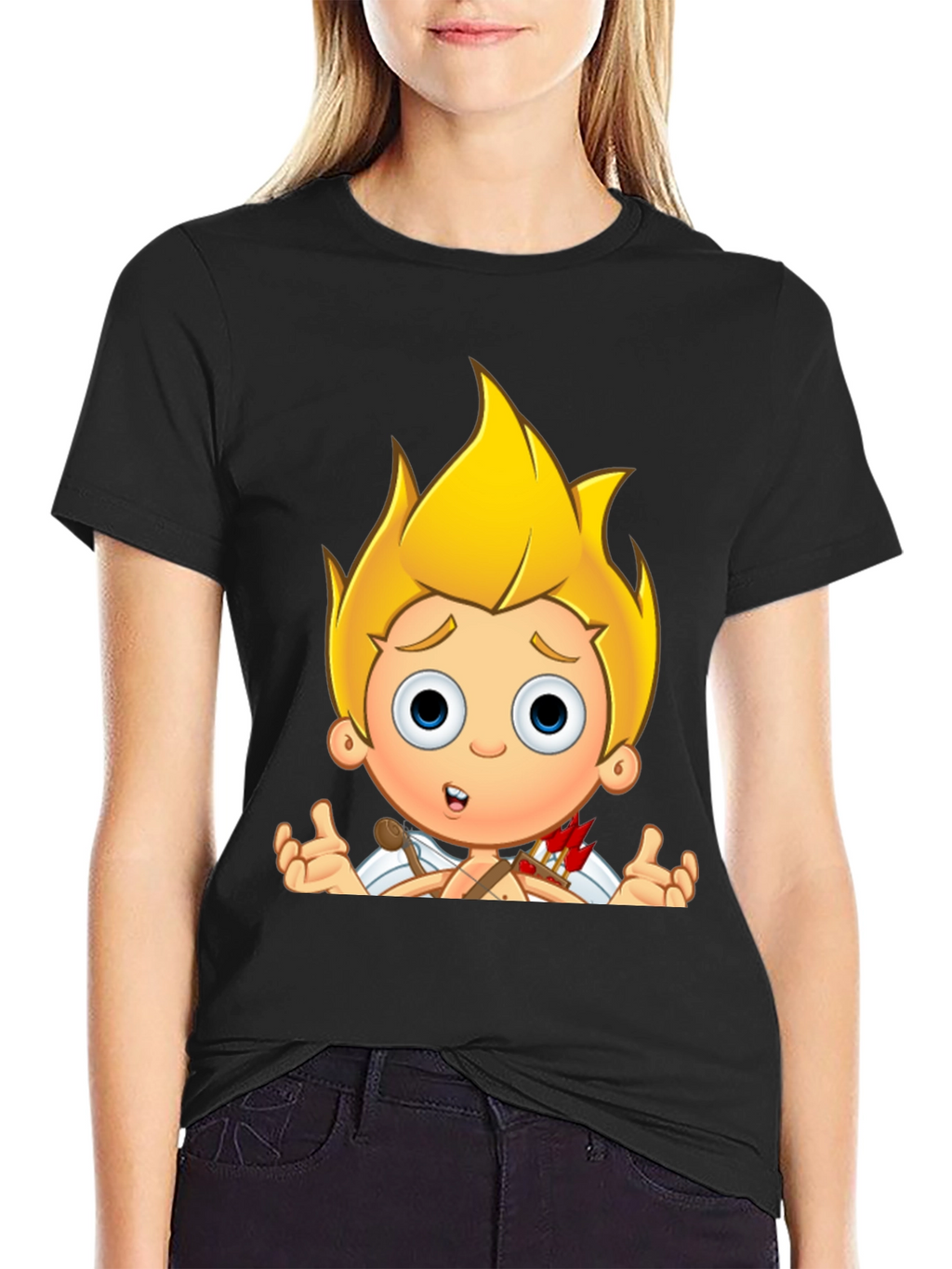 Cupid Cartoon Graphic Print Black T-Shirt