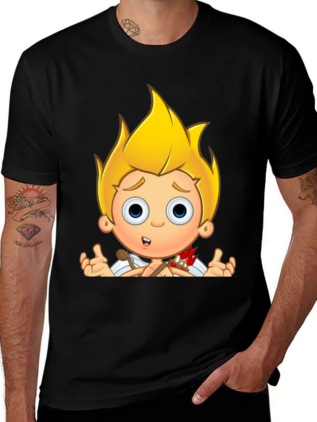 Cupid Cartoon Graphic Print Black T-Shirt