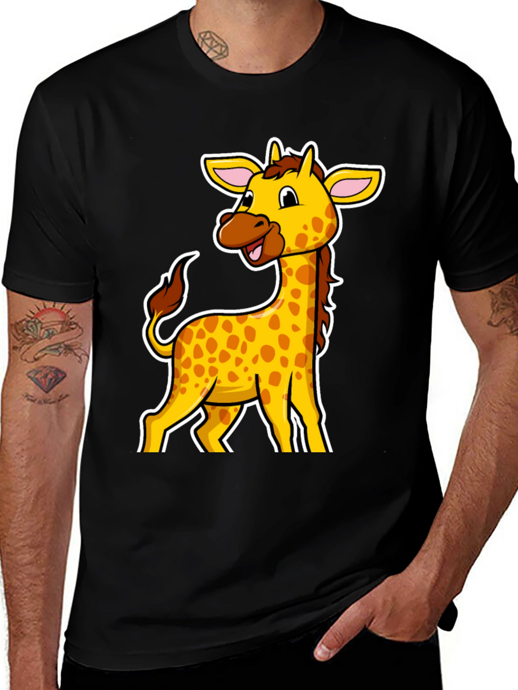 Giraffe Cartoon Graphic Black T-Shirt