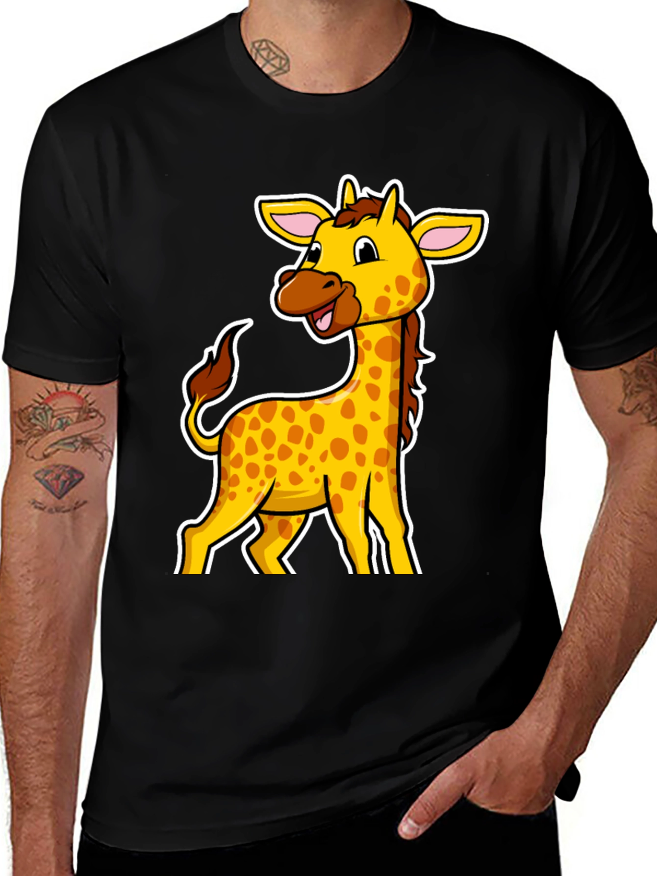 Giraffe Cartoon Graphic Black T-Shirt