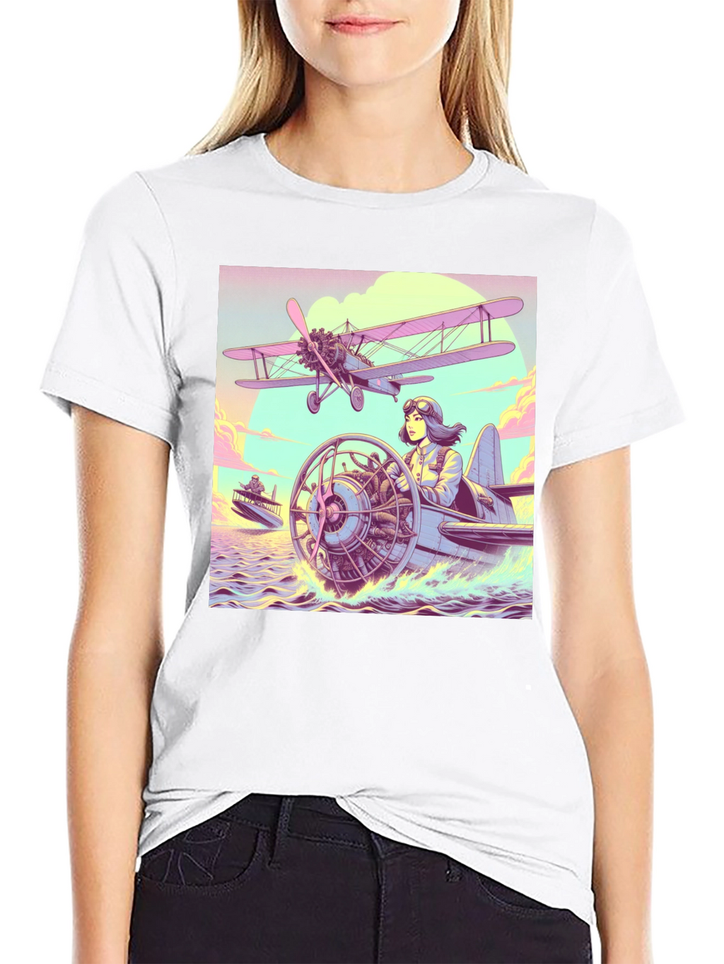 Retro Aviation T-Shirt - Pilot in Seaplane Design
