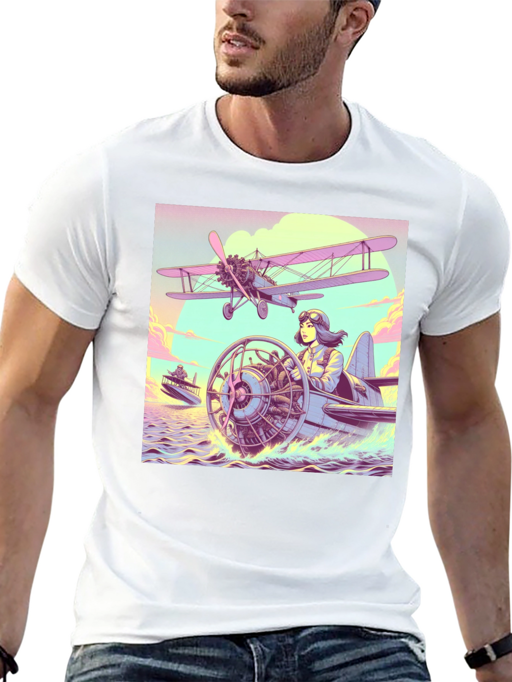 Retro Aviation T-Shirt - Pilot in Seaplane Design