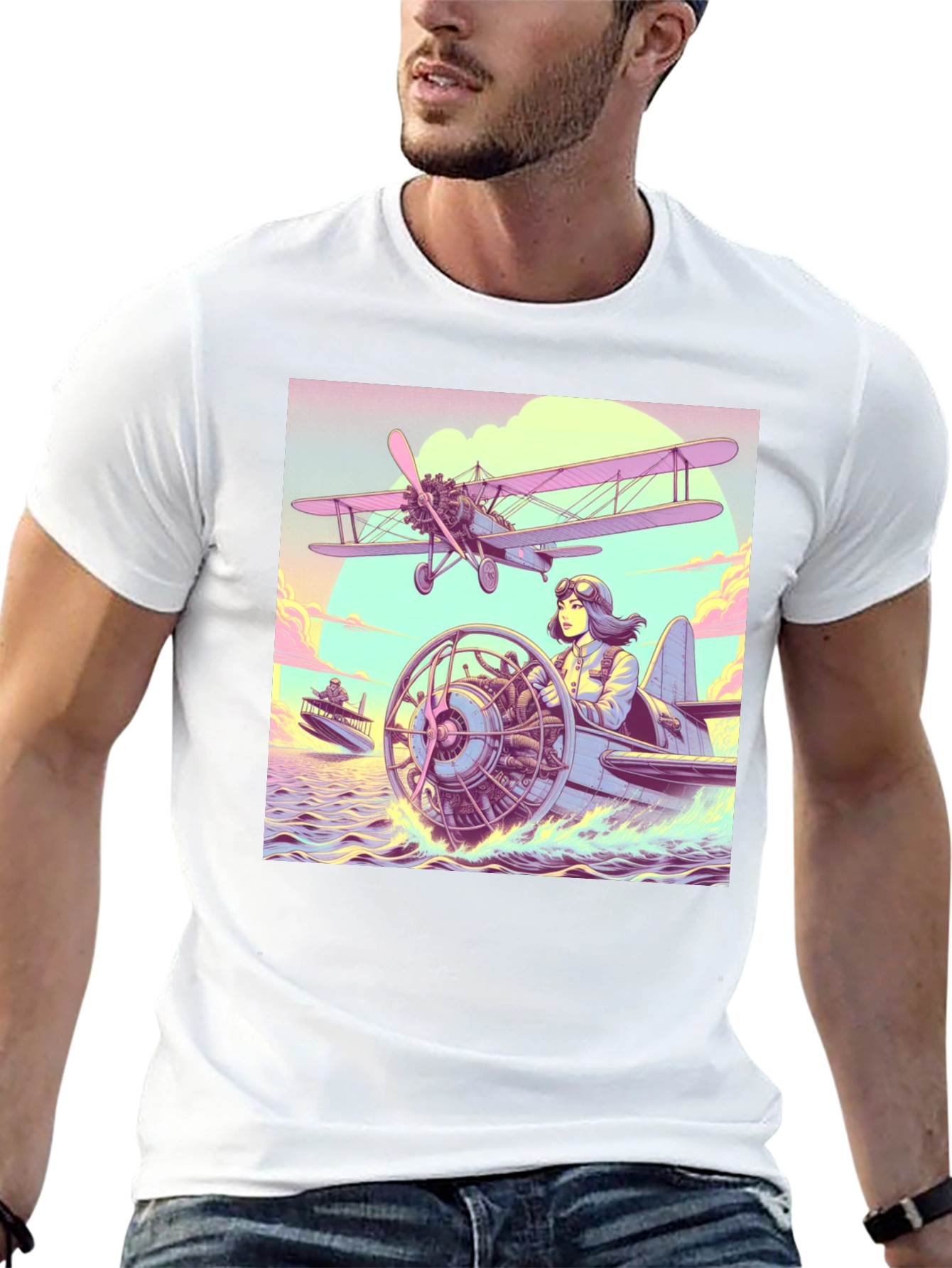 Retro Aviation T-Shirt - Pilot in Seaplane Design