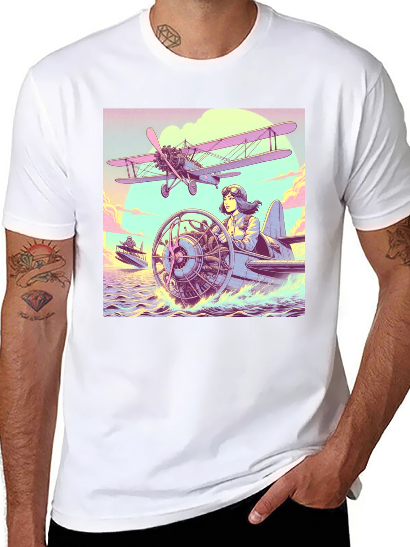 Retro Aviation T-Shirt - Pilot in Seaplane Design