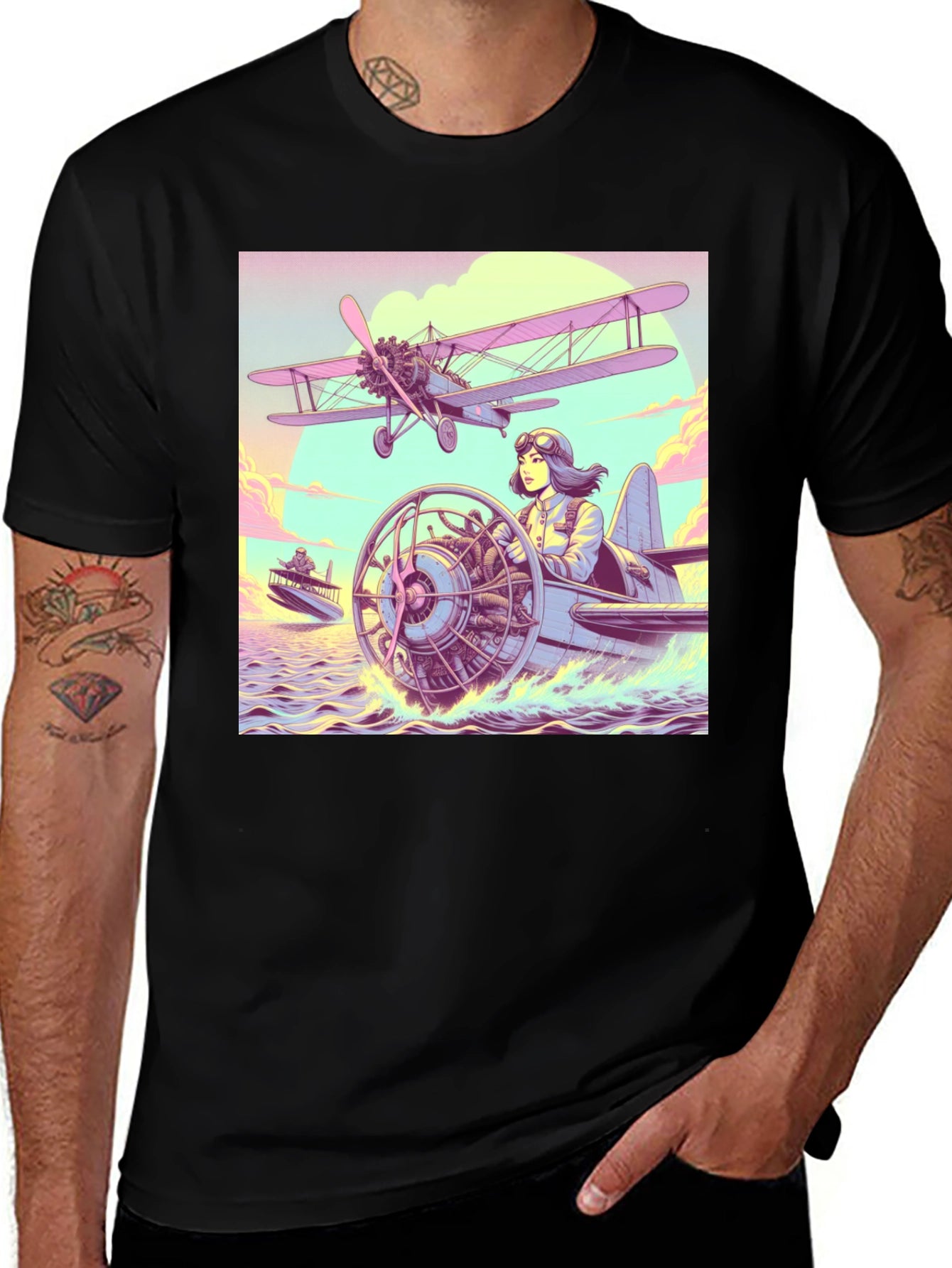 Retro Aviation T-Shirt - Pilot in Seaplane Design