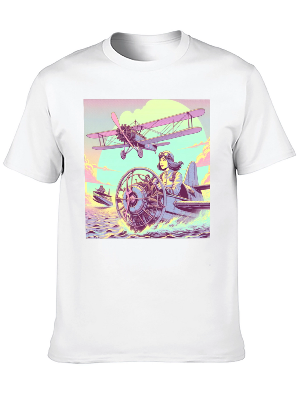 Retro Aviation T-Shirt - Pilot in Seaplane Design