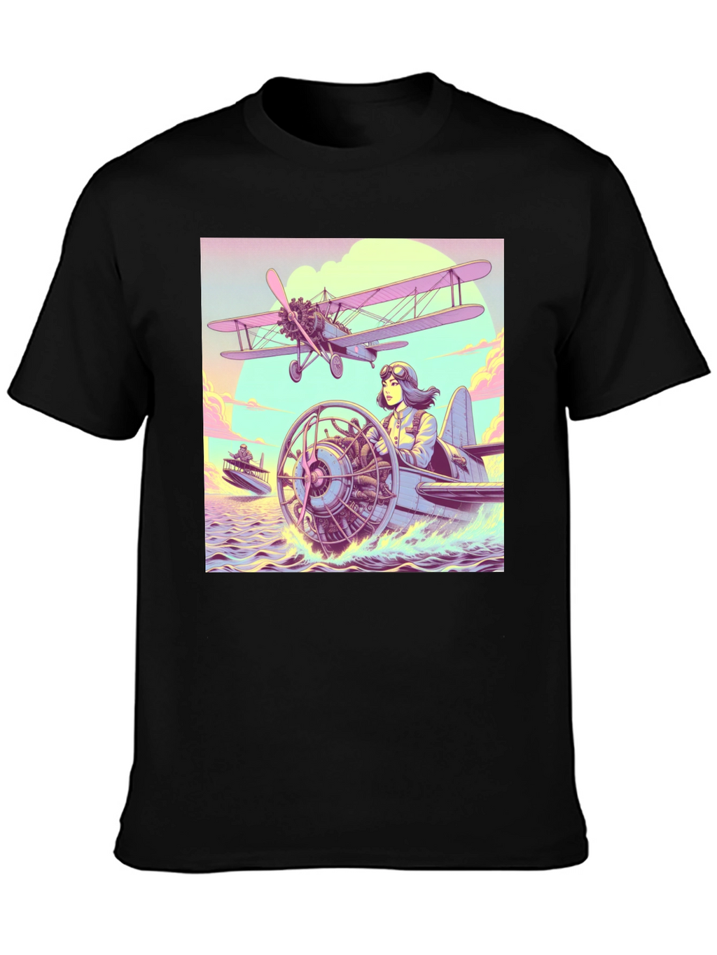 Retro Aviation T-Shirt - Pilot in Seaplane Design