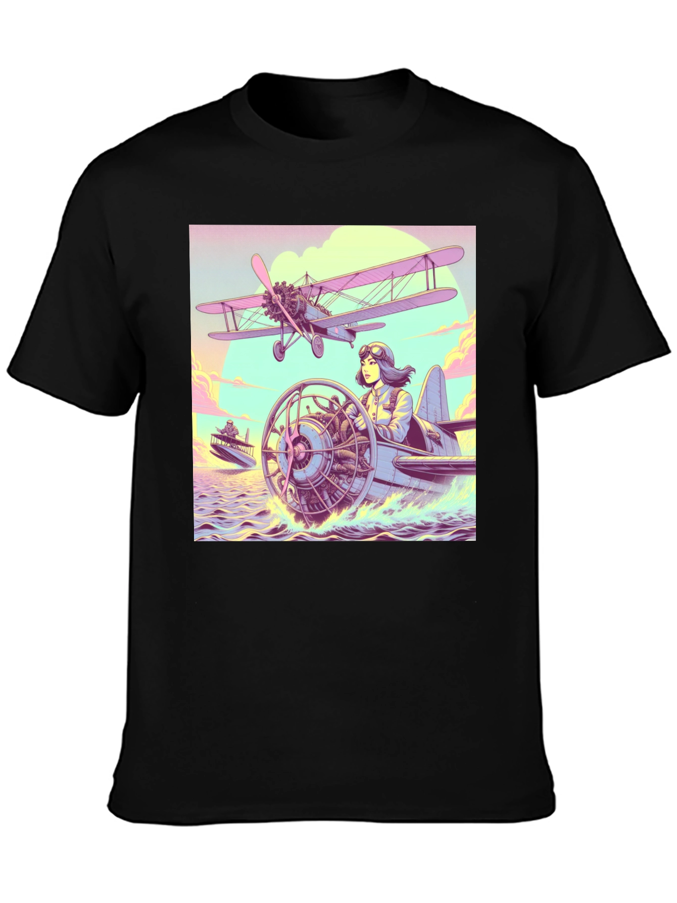 Retro Aviation T-Shirt - Pilot in Seaplane Design