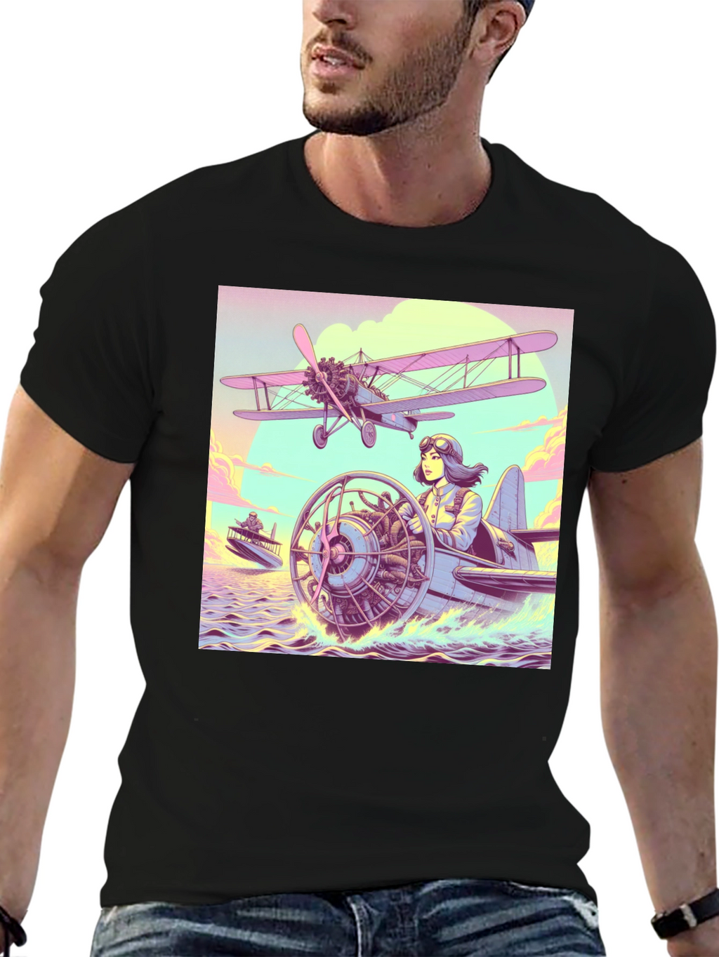 Retro Aviation T-Shirt - Pilot in Seaplane Design