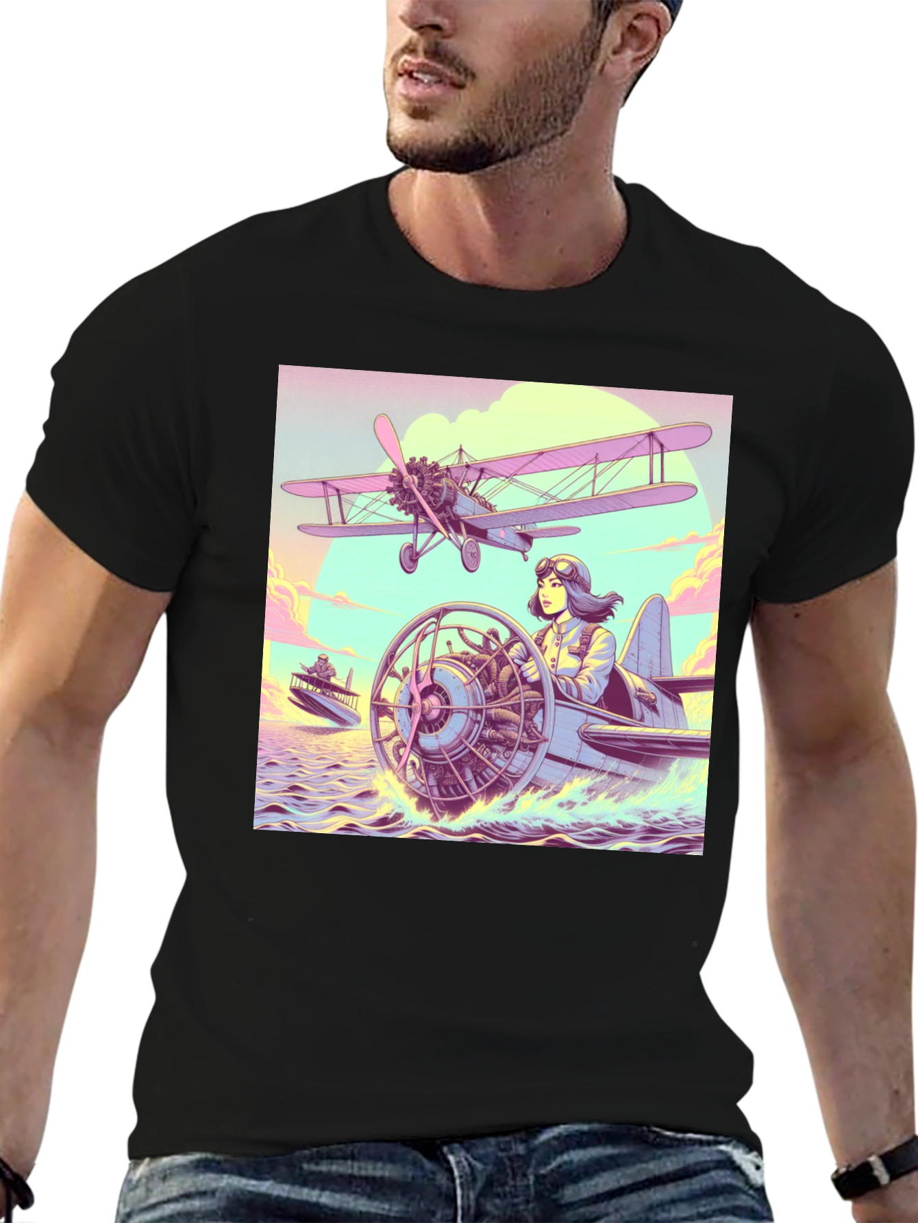Retro Aviation T-Shirt - Pilot in Seaplane Design