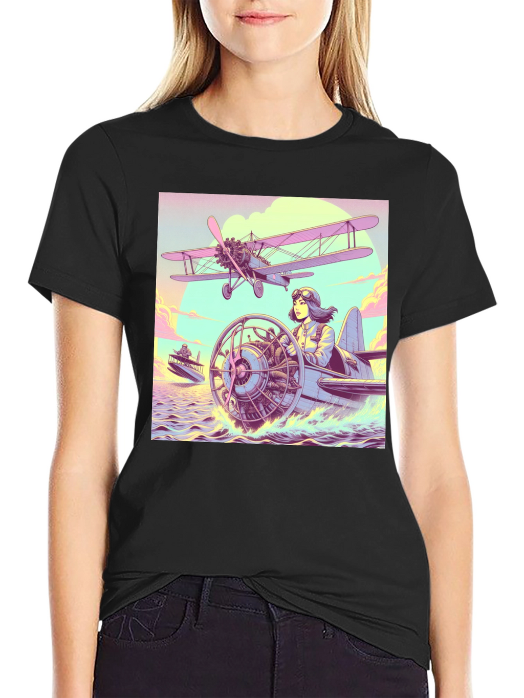 Retro Aviation T-Shirt - Pilot in Seaplane Design